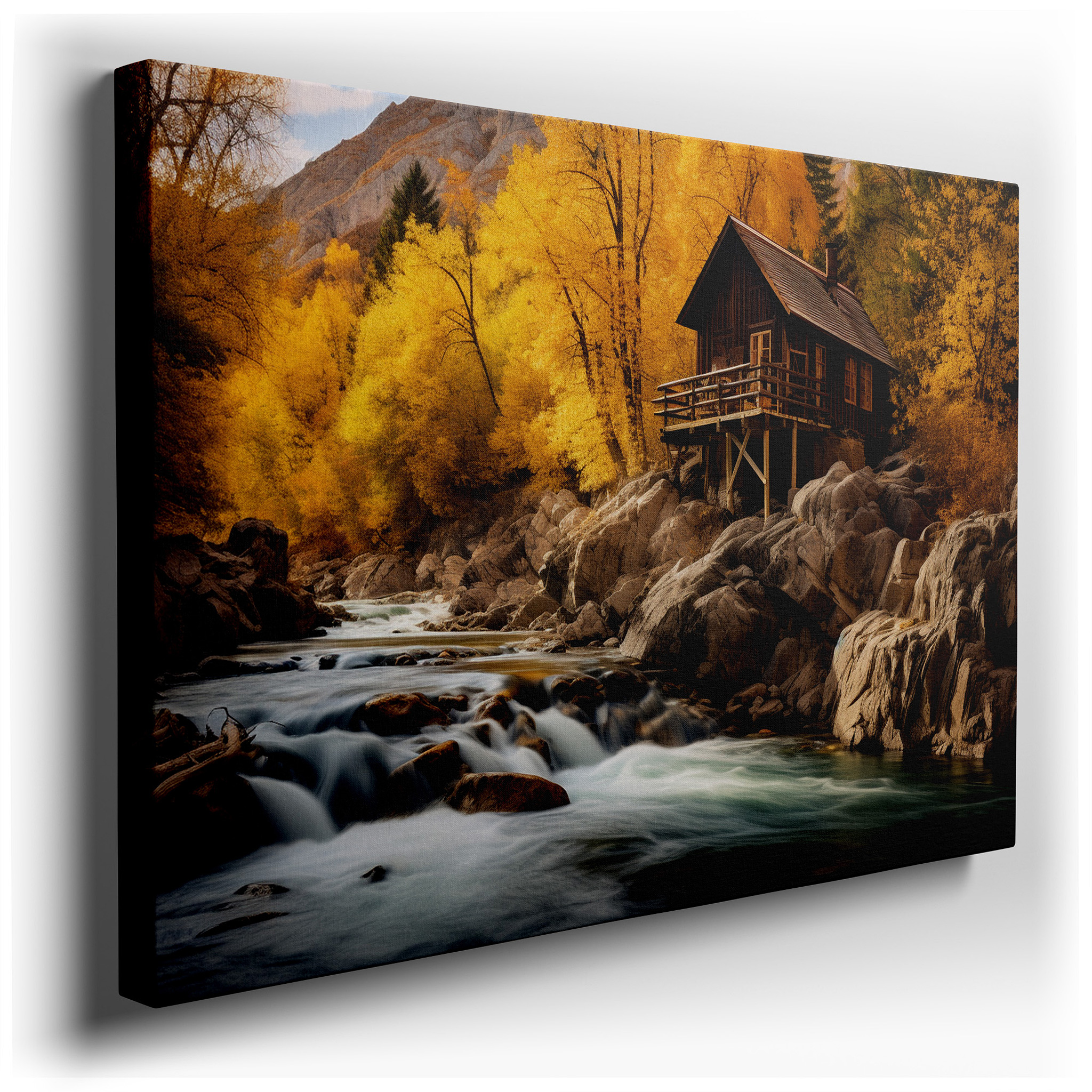 Rustic Cabin and Stream Canvas Wall Art with Vibrant Autumn Foliage for Office and Bedroom Decor wrapped canvas - main