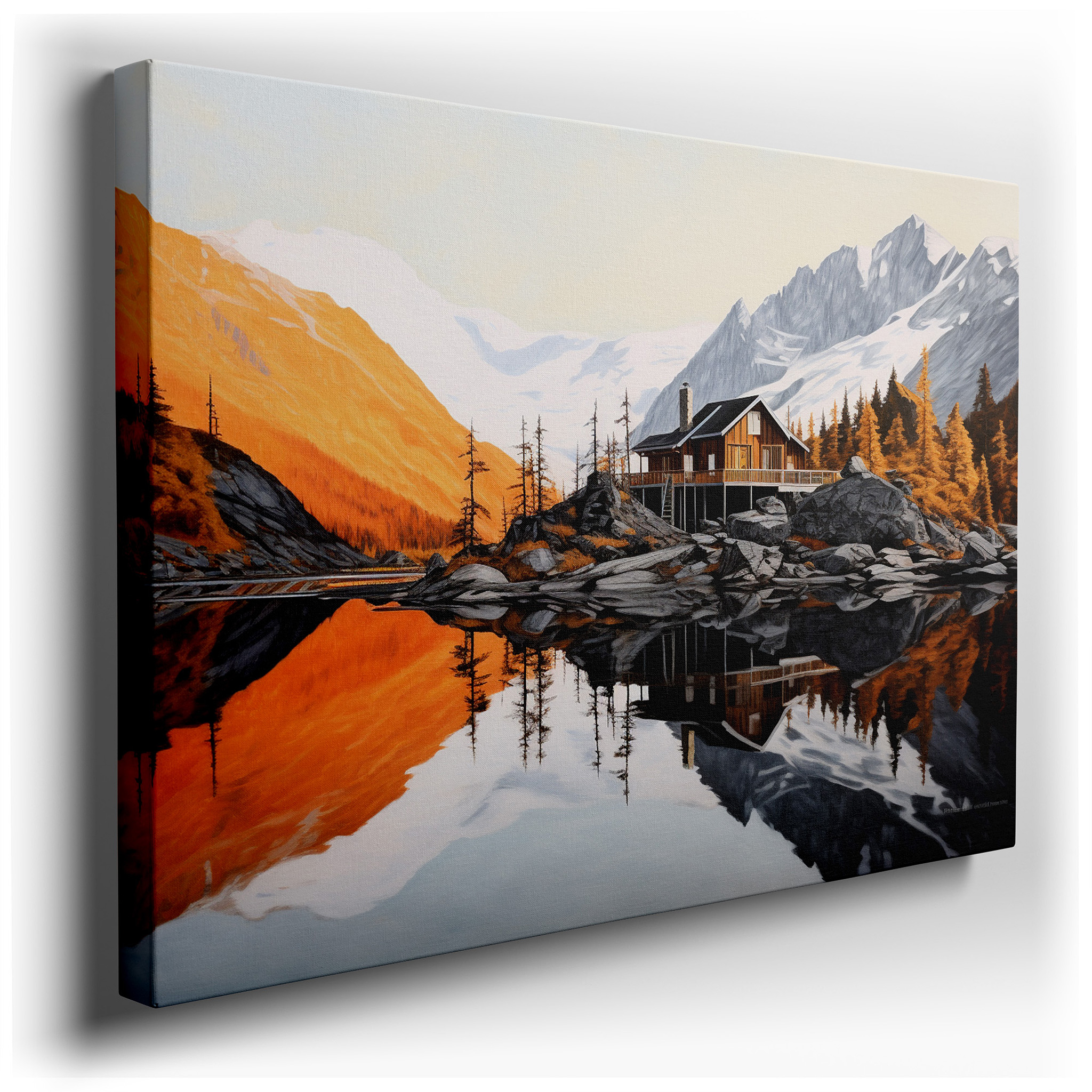 Rustic Cabin Canvas Print Featuring Serene Lake and Majestic Mountains - Ideal for Office and Bedroom Wall Decor