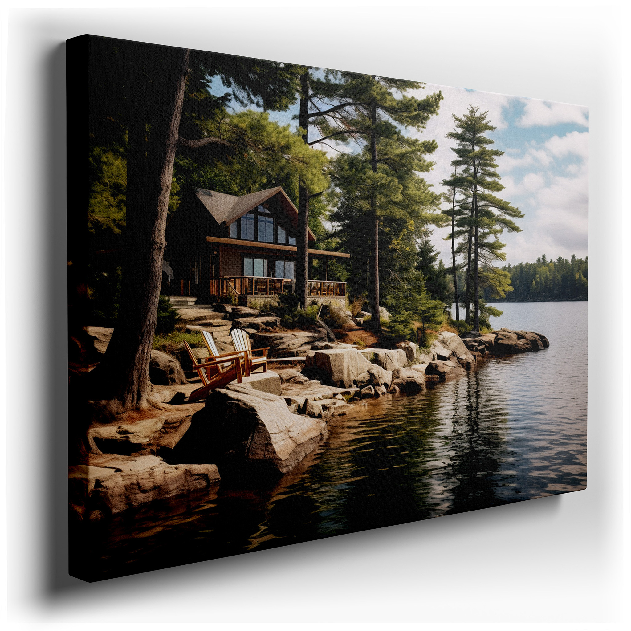 Rustic Cabin Retreat by a Serene Lake Surrounded by Lush Trees - Large Canvas Wall Art for Home and Office Decor