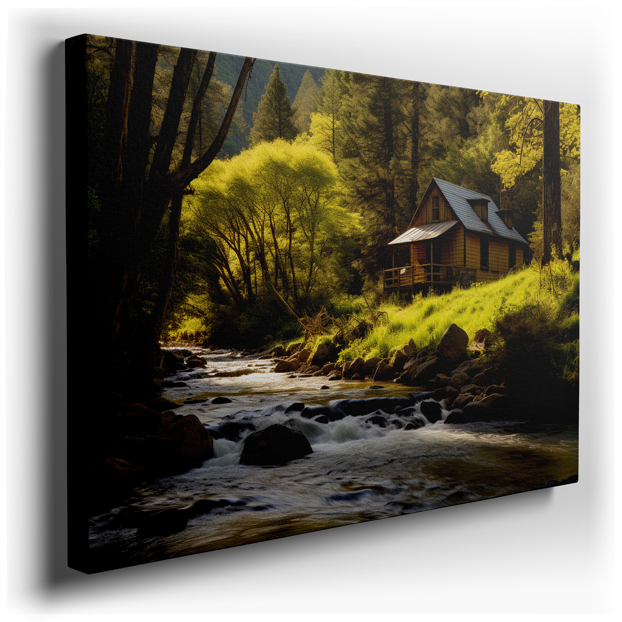 Rustic Cabin Retreat by a Sparkling River Surrounded by Lush Spring Greenery Large Wall Art, Canvas Wall Art, Wall