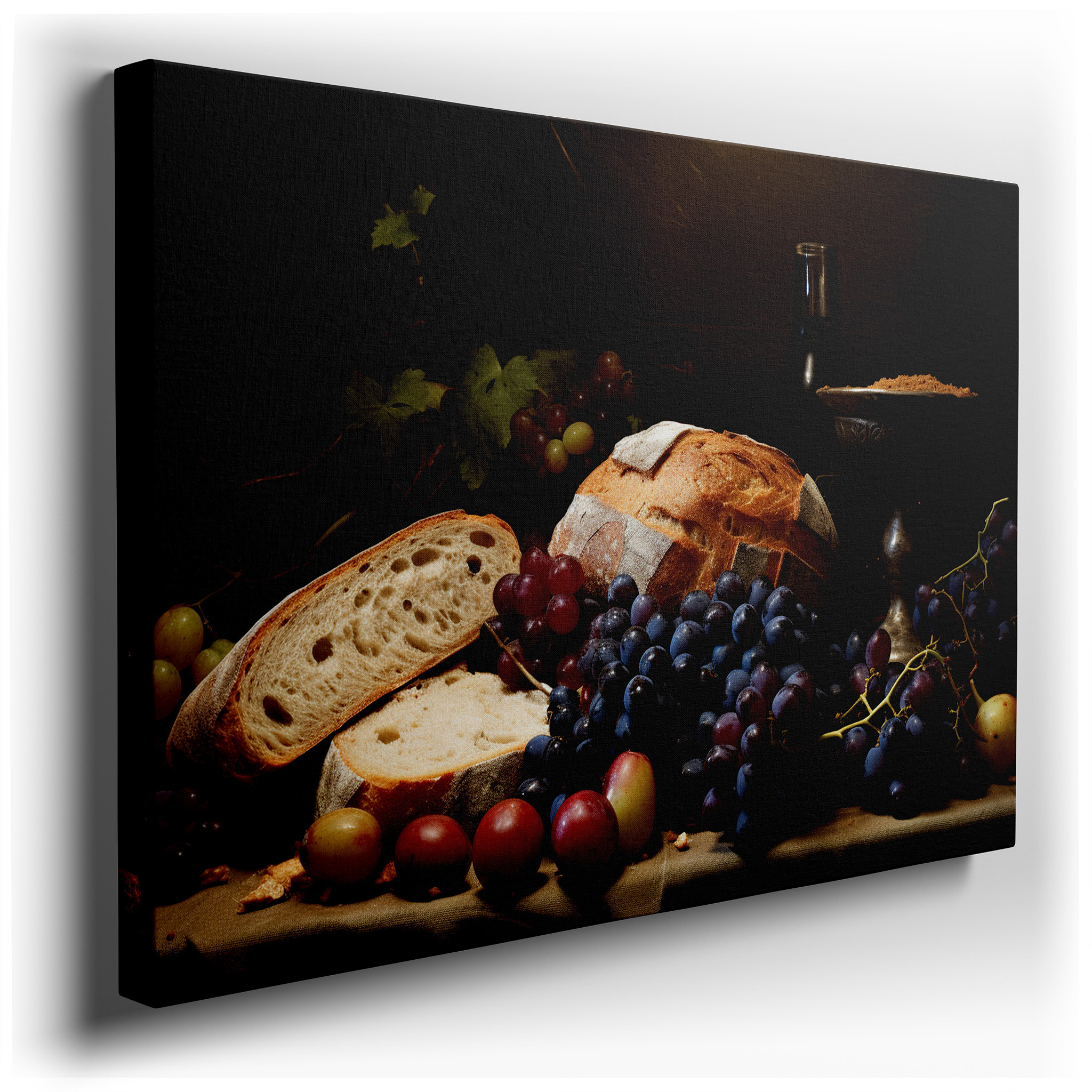 Rustic Culinary Wall Art Featuring Fresh Bread, Vibrant Grapes, and Wine, Symbolizing Warmth and Abundance - Large