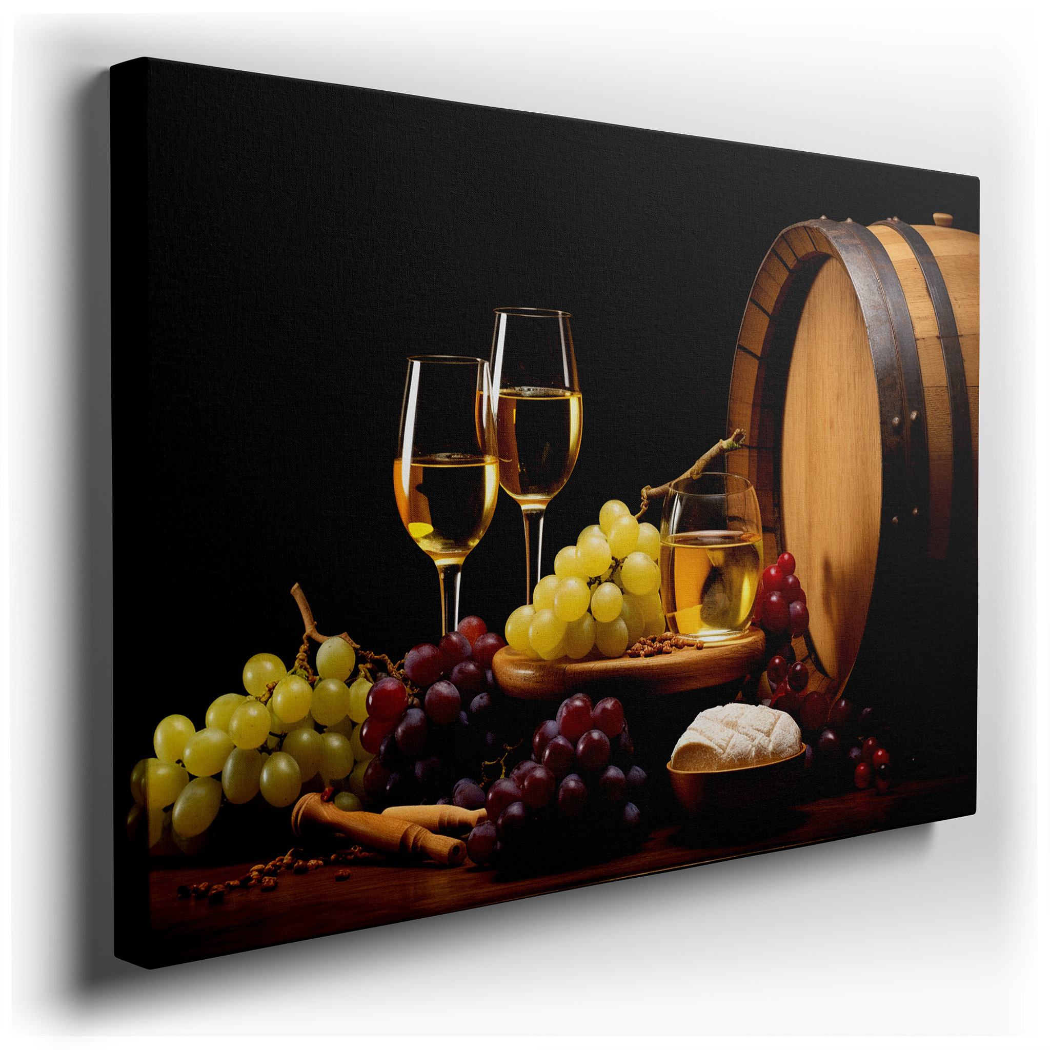 Rustic Elegance Wall Art Featuring Wine, Grapes, and Cheese on an Old Barrel - Large Canvas for Home or Office Decor,