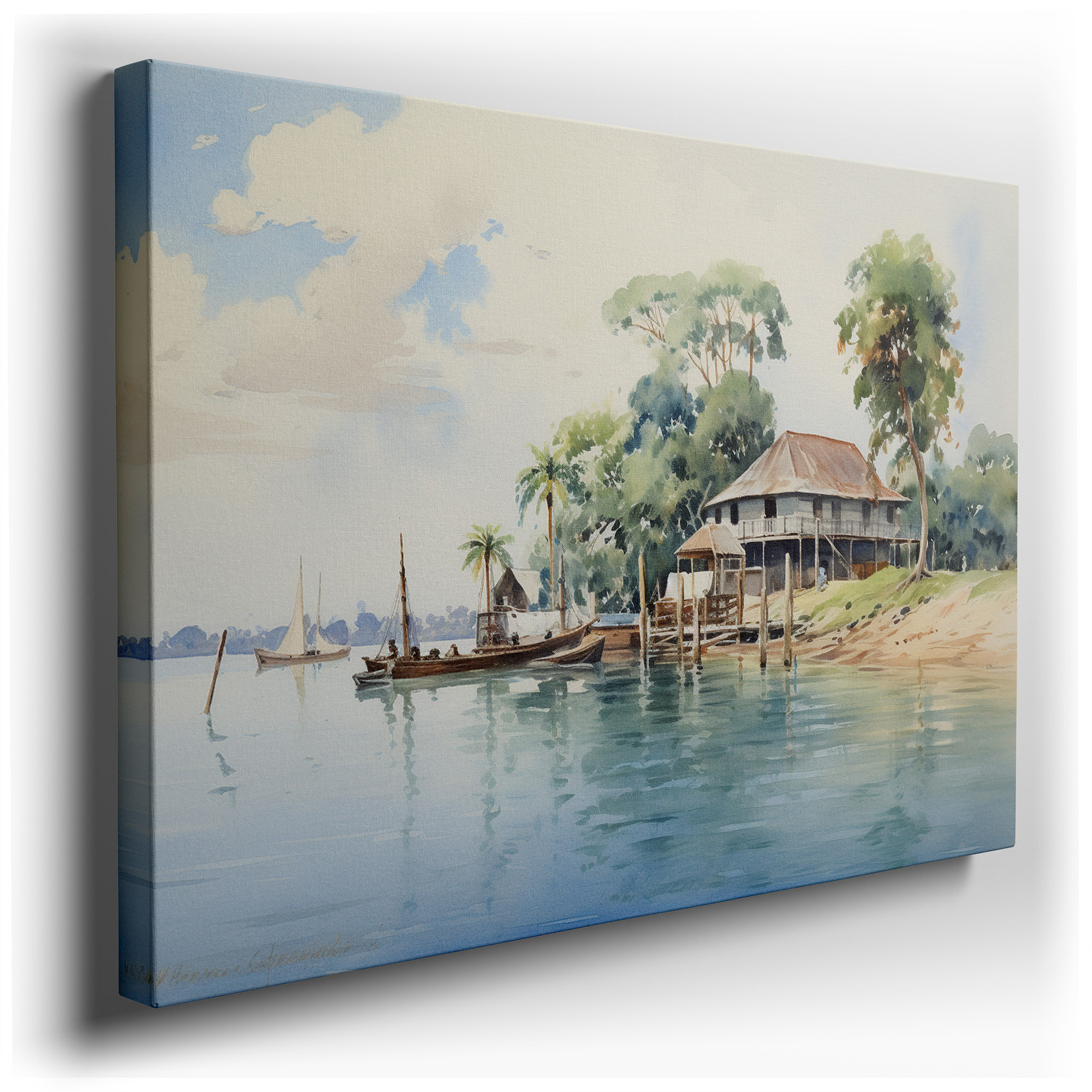 Rustic Lakeside Retreat Wall Art Featuring Tranquil House and Reflective Waters - Large Canvas for Office, Bedroom, and