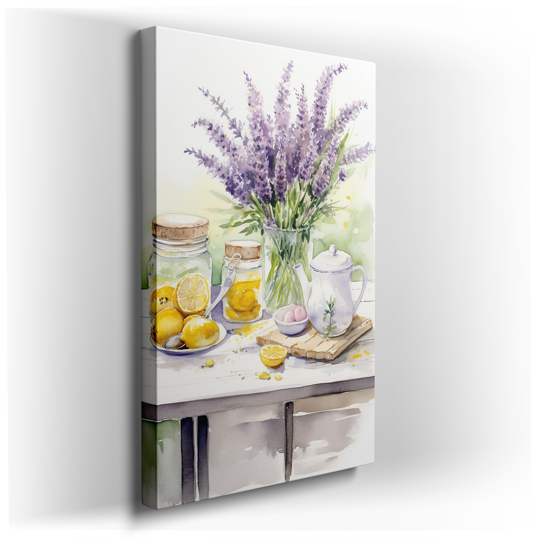 Rustic Lemon and Lavender Tea Set Scene - Large Canvas Wall Art for Office and Bedroom Decor wrapped canvas - main