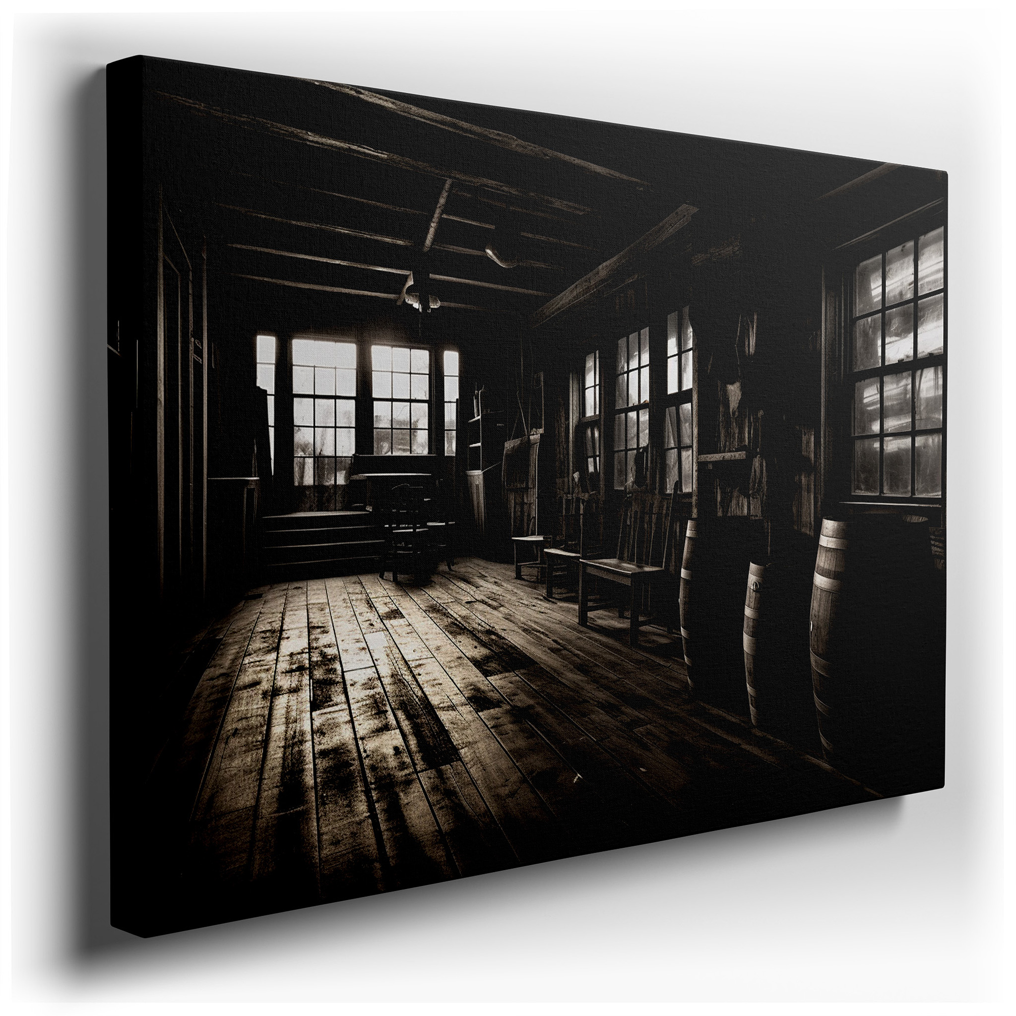 Rustic Wooden Beams in Moody Black and White - Large Canvas Wall Art for Office, Bedroom, and Living Room Decor wrapped
