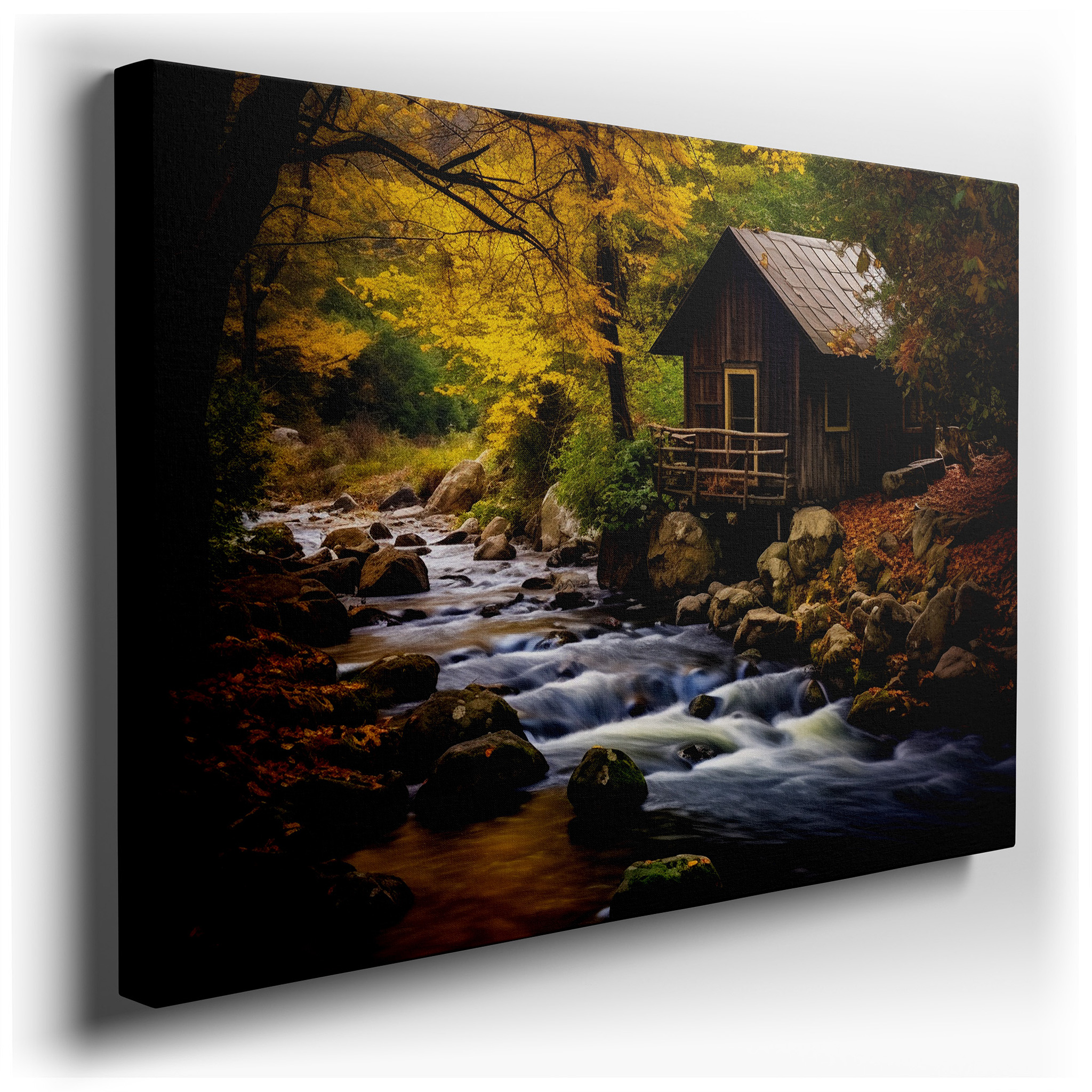 Rustic Wooden House and Sparkling Stream Autumn Sanctuary Large Canvas Wall Art for Office and Bedroom Decor wrapped