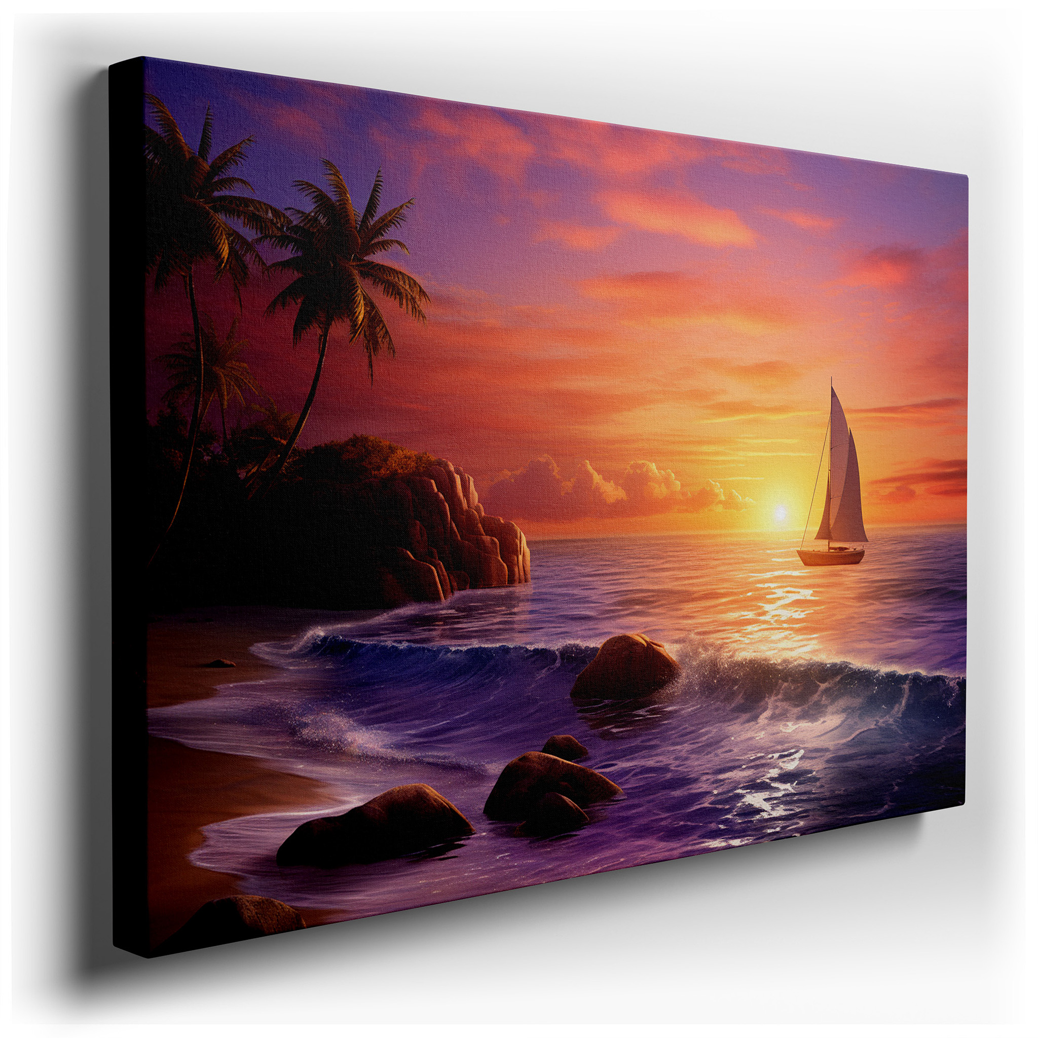 Sailboat at Sunset - Serene Journey Over Reflective Waves Large Wall Art, Canvas Wall Art, Wall Decor for Office and