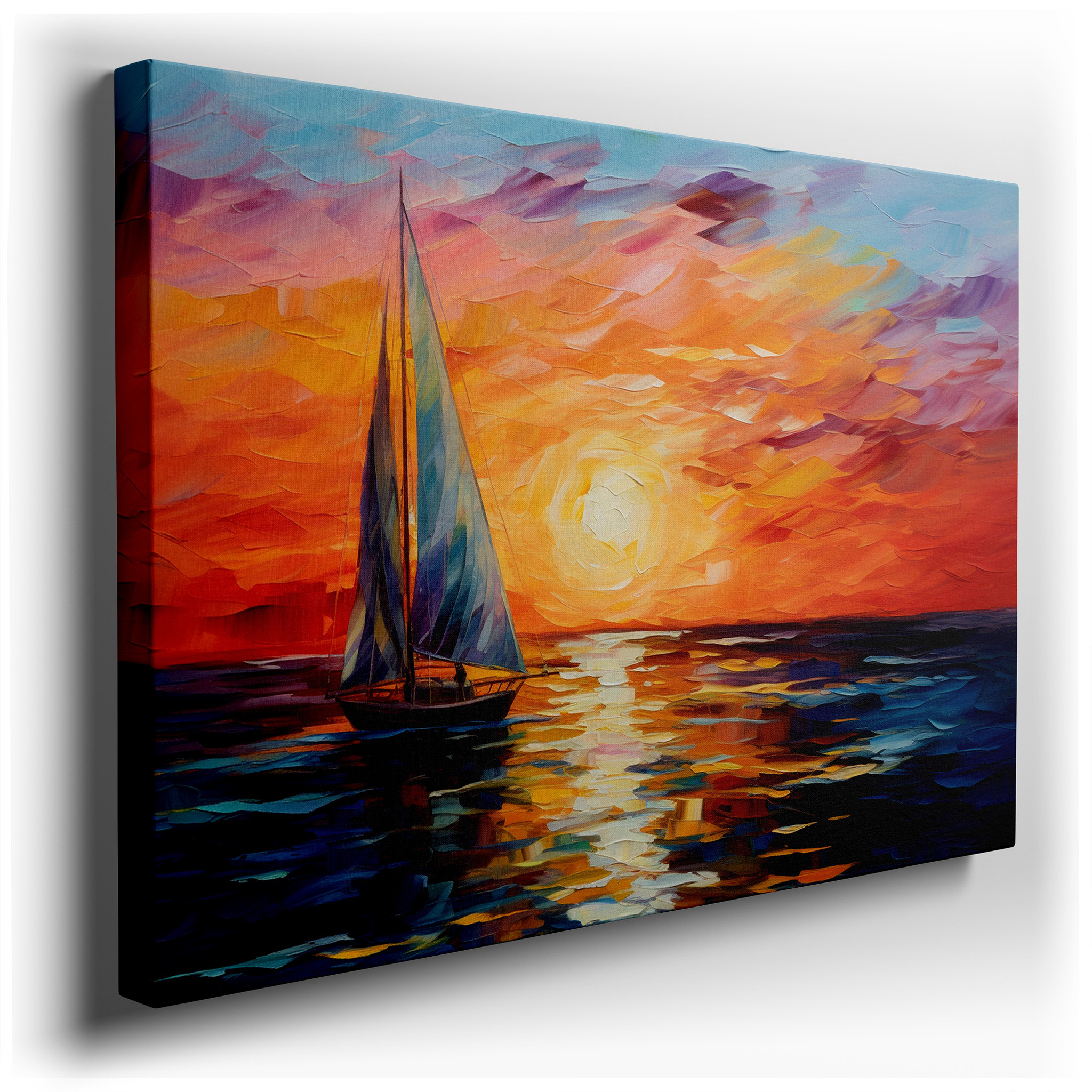 Sailboat Gliding Across Shimmering Waters Under a Mesmerizing Sunset - Large Canvas Wall Art for Office and Bedroom