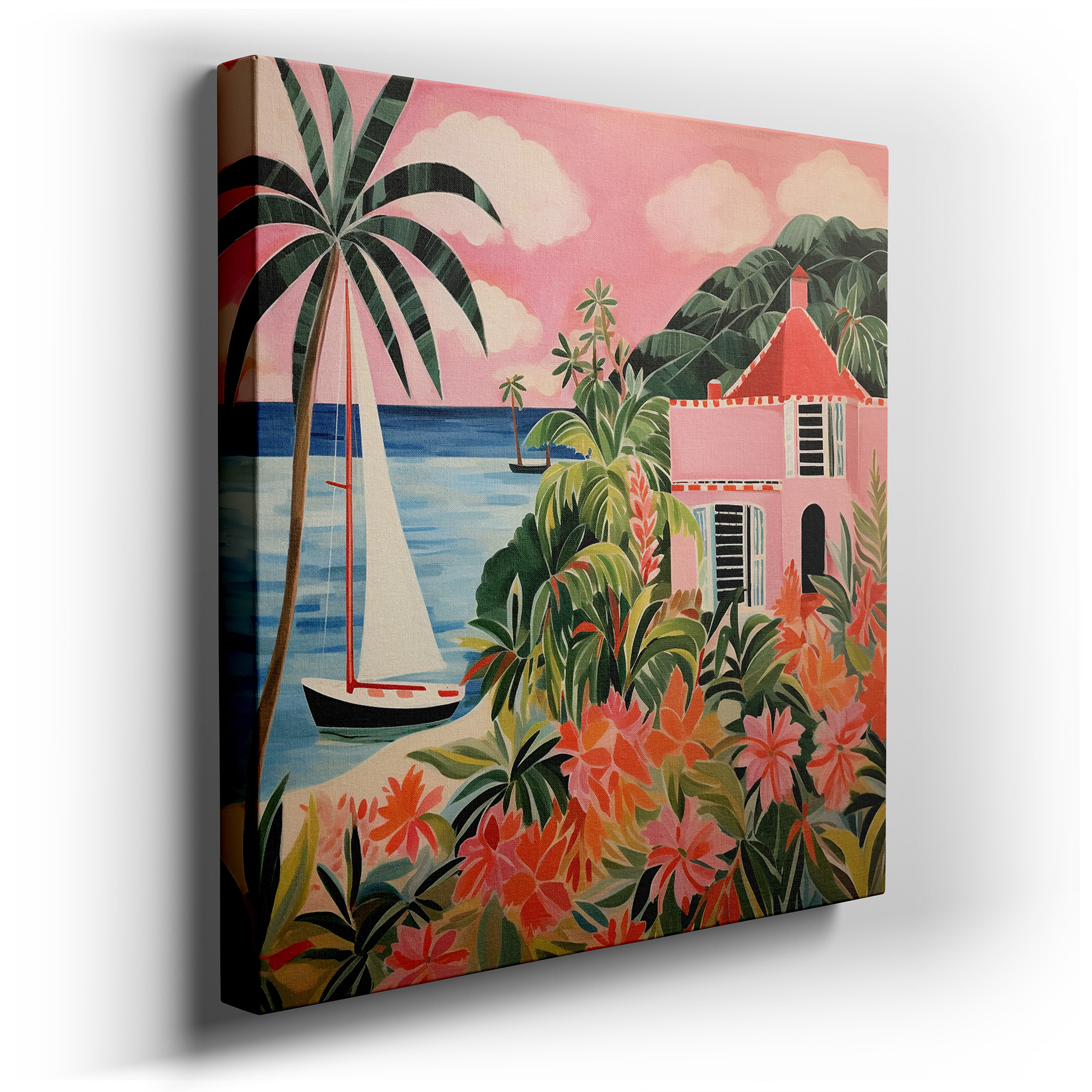 Sailboat Serenity in Tropical Paradise - Tranquil Escape with Lush Palms and Sparkling Seas - Large Wall Art, Canvas