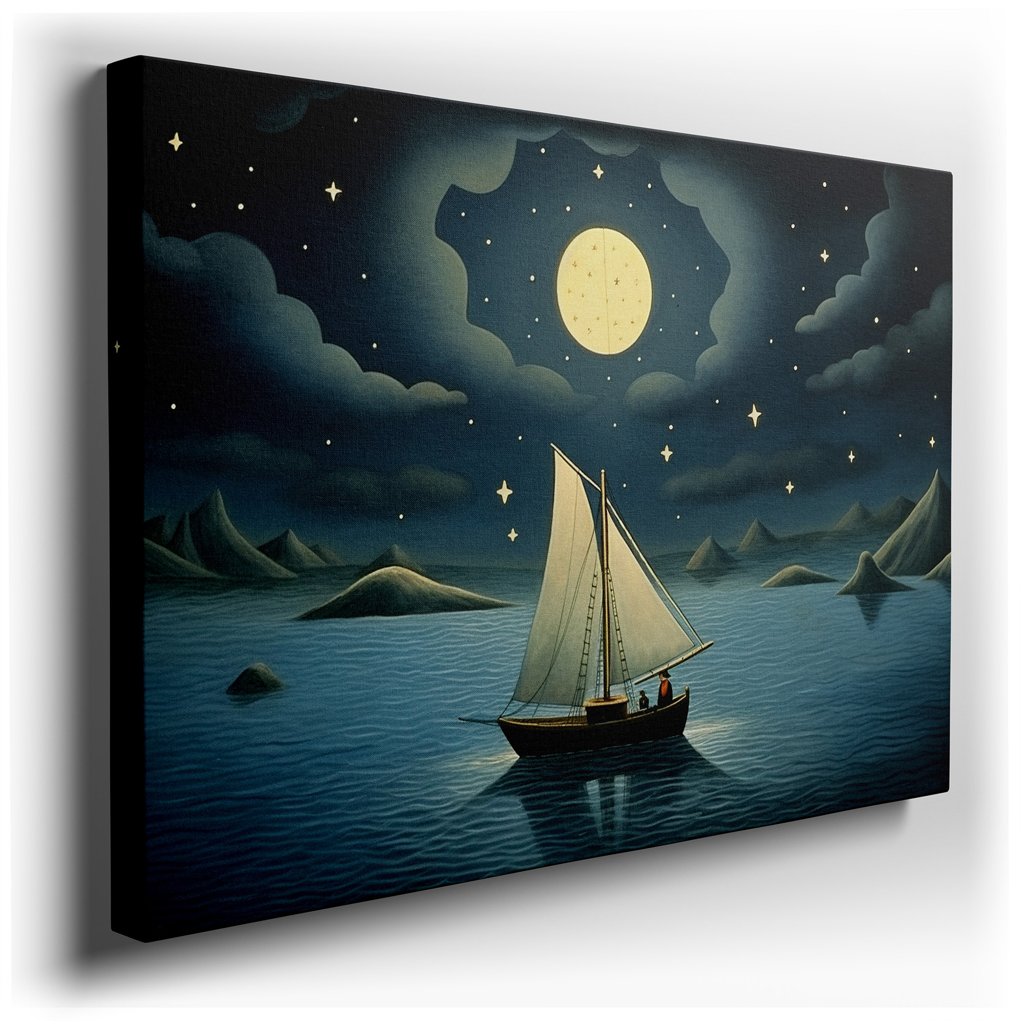 Sailboat Under Starlit Skies Wall Art - Tranquil Journey Across Calm Waters, Large Canvas Wall Decor for Office and