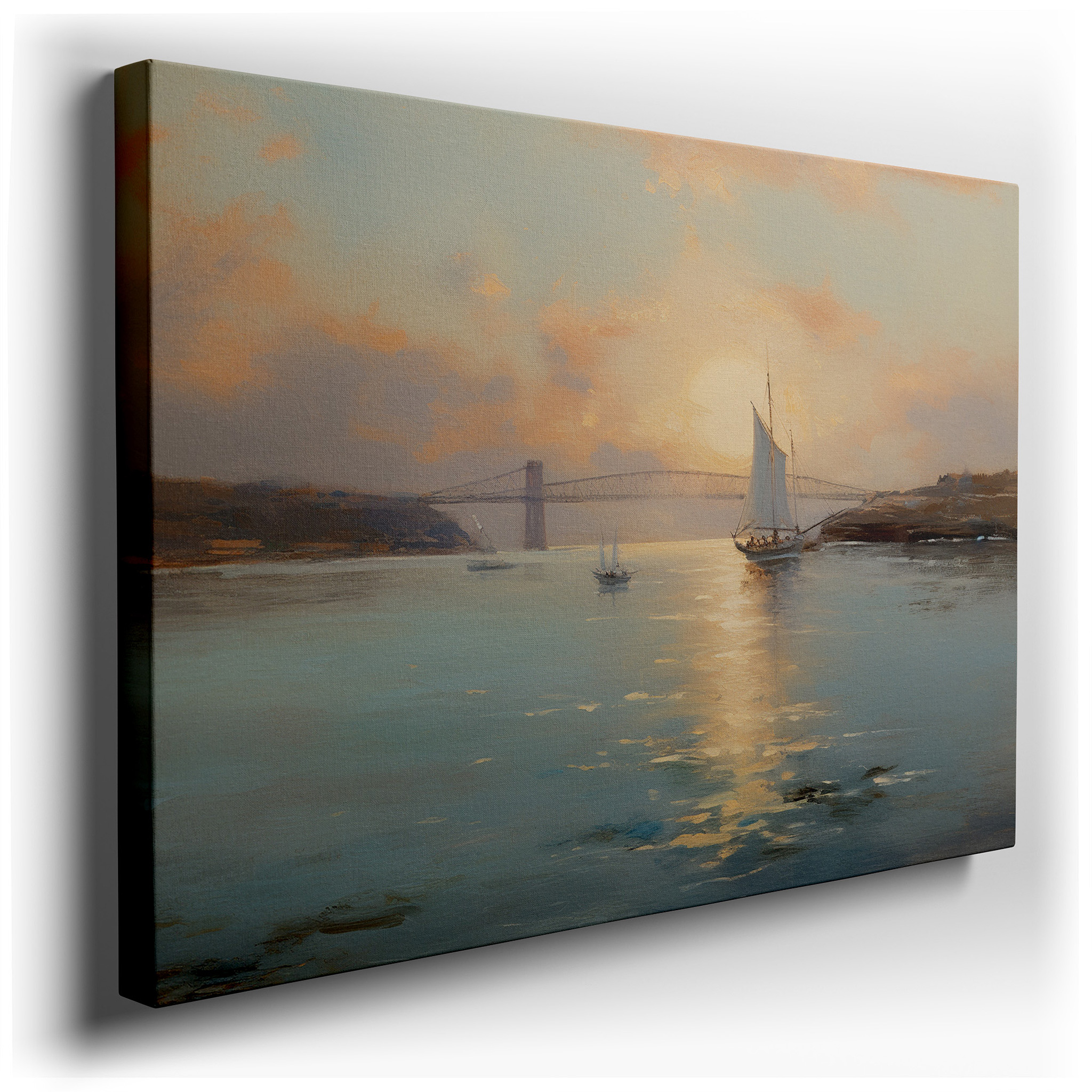 Sailing Ships Traverse Calm Waters at Sunset, Exuding Peace and Serenity Large Wall Art, Canvas Wall Art, Wall Decor,