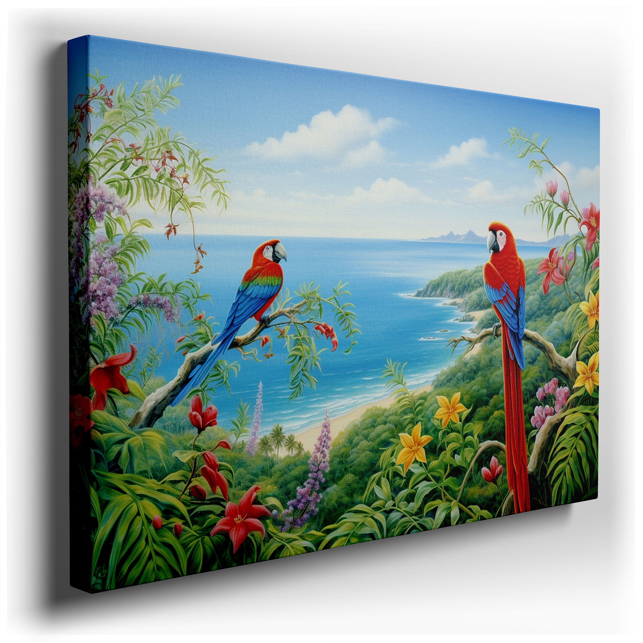 Scarlet Macaws in Tropical Paradise: Large Canvas Wall Art Featuring Lush Foliage and Serene Ocean Backdrop for Office