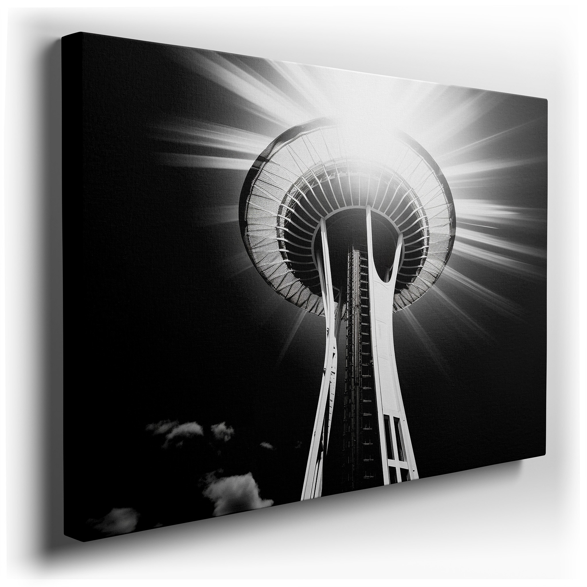 Seattle Space Needle in Dramatic Black and White: A Masterful Interplay of Light and Shadow, Large Canvas Wall Art for