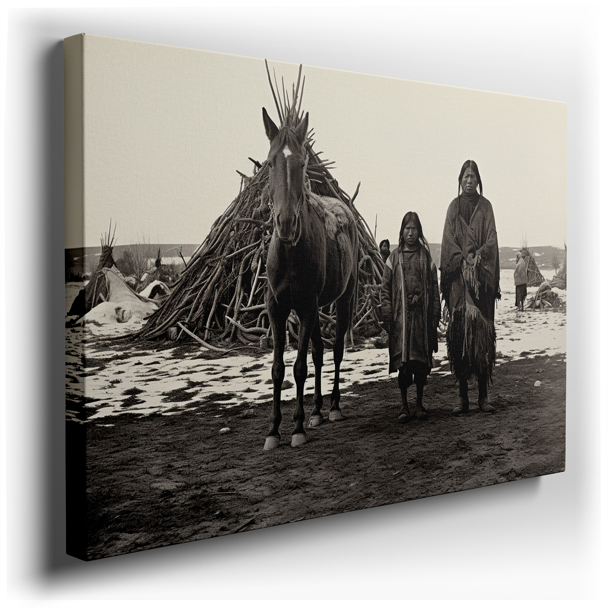 Sepia - Toned Canvas Art Featuring Horses and Wigwams: Perfect for Office or Bedroom Wall Decor wrapped canvas wall art