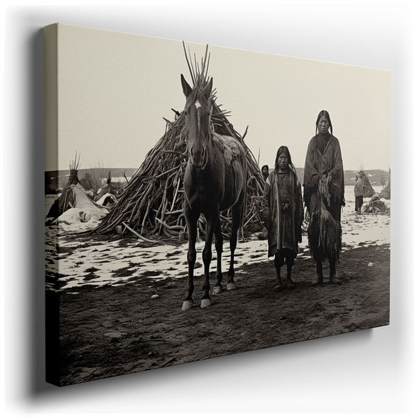 Sepia-Toned Horses and Wigwams - Captivating Canvas Wall Art
