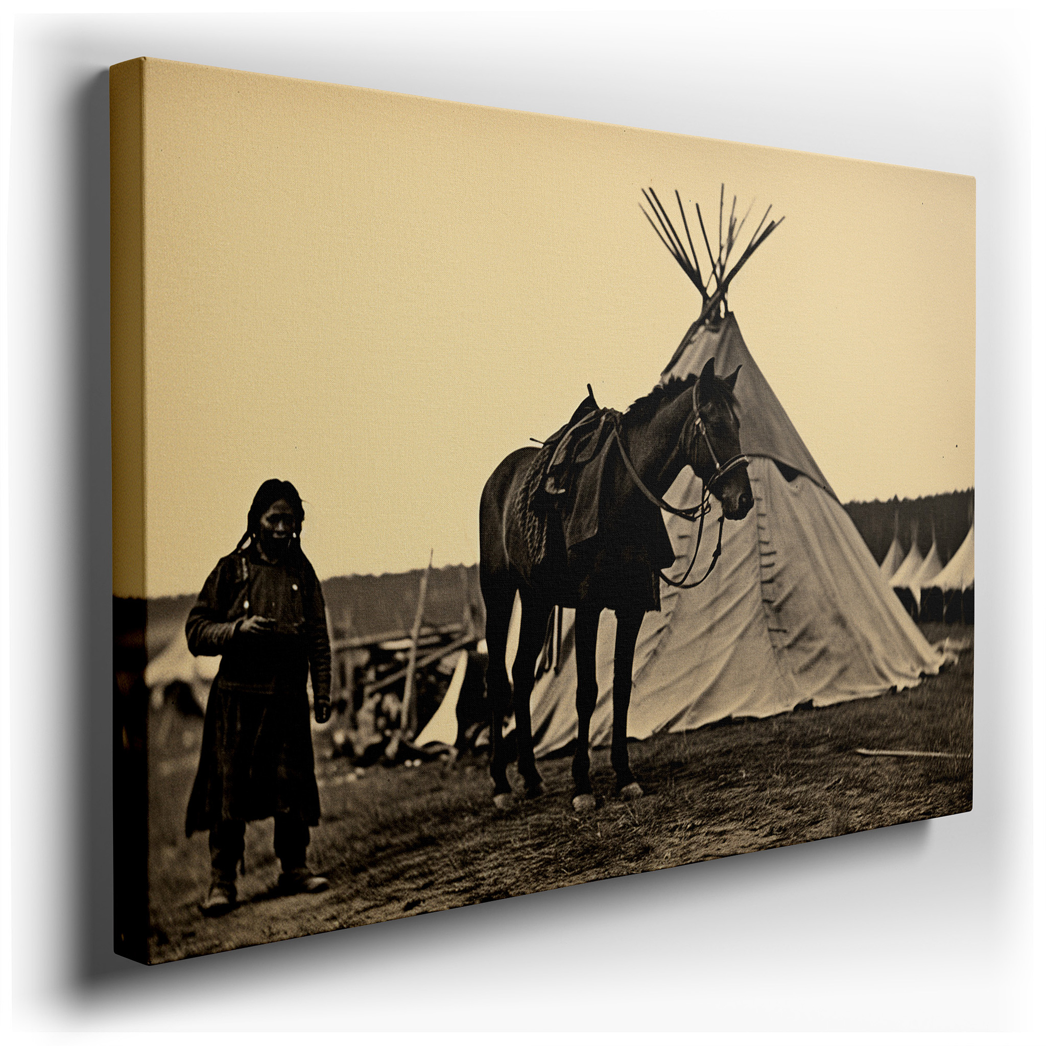 Sepia - Toned Timeless Scene of Serenity Featuring a Woman and Horse Near a Teepee - Large Canvas Wall Art for Office