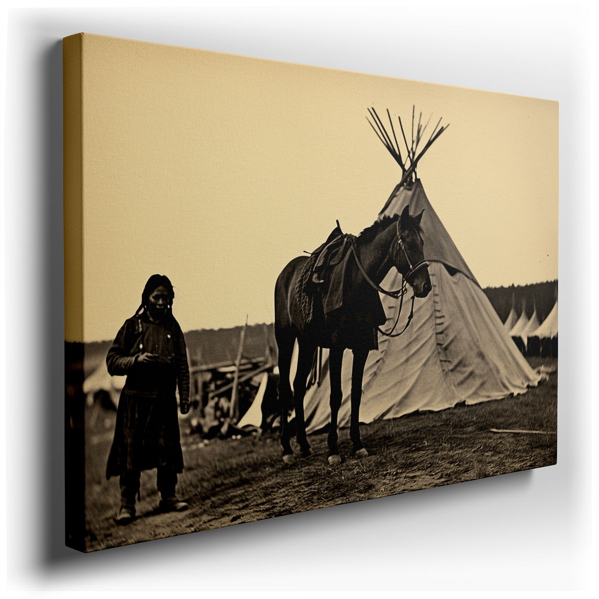 Serene Woman and Horse Near Teepee - Sepia-Toned Canvas Wall Art