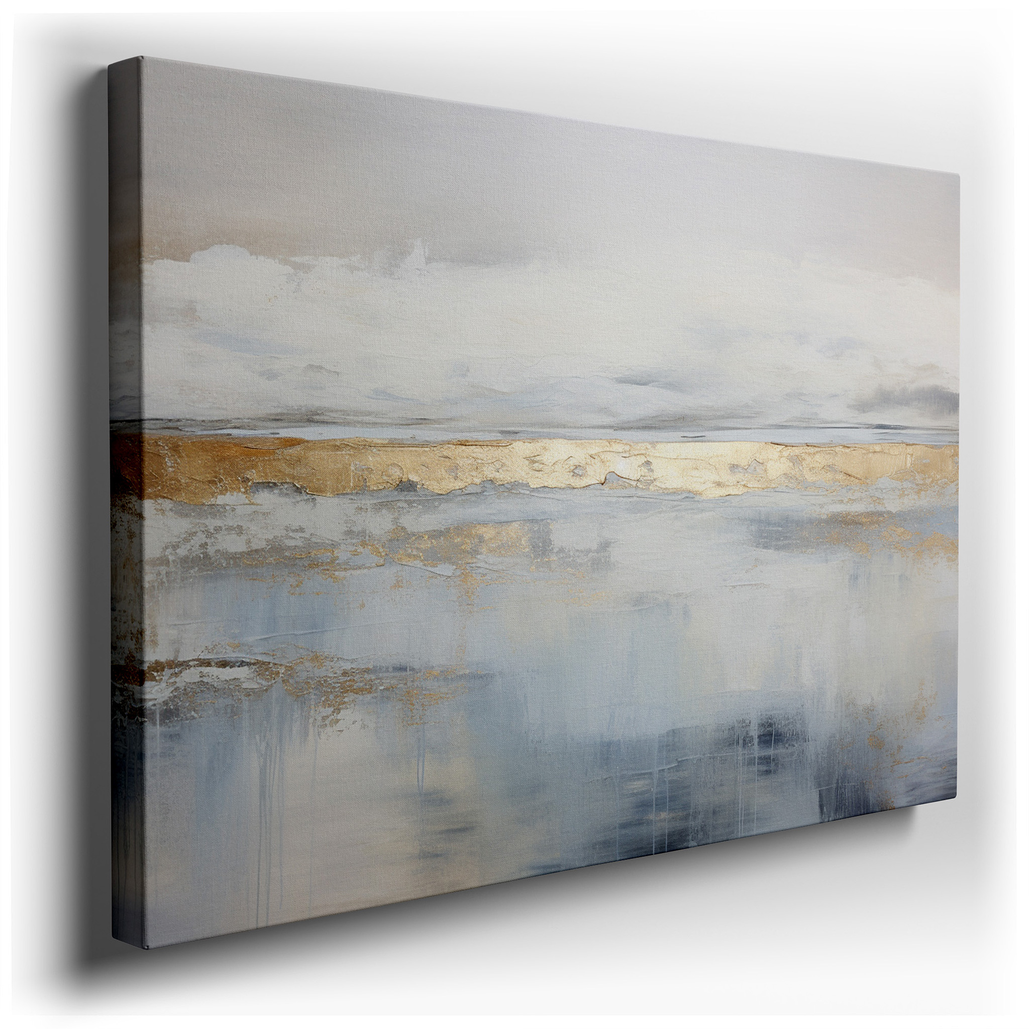 Serene Abstract Landscape Canvas with Soft Blues and Golden Accents, Large Wall Art for Office, Bedroom, and Living