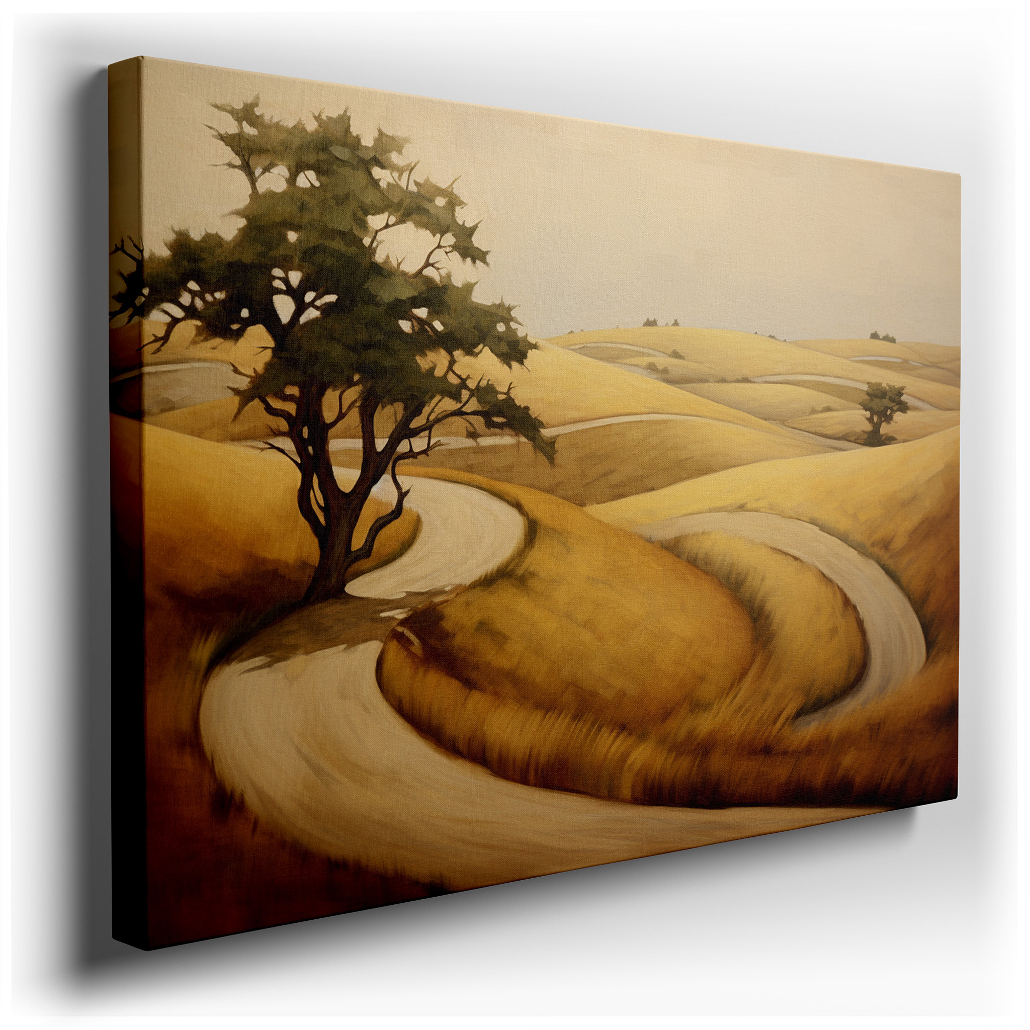 Serene Abstract Landscape Featuring Rolling Hills and a Lone Tree - Large Canvas Wall Art for Home and Office Decor