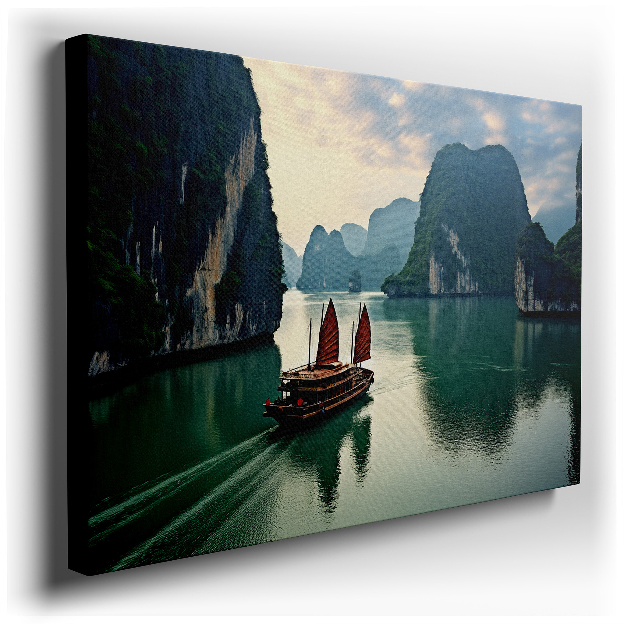 Serene Afternoon in Halong Bay Featuring a Traditional Vietnamese Junk Boat - Large Canvas Wall Art for Office and