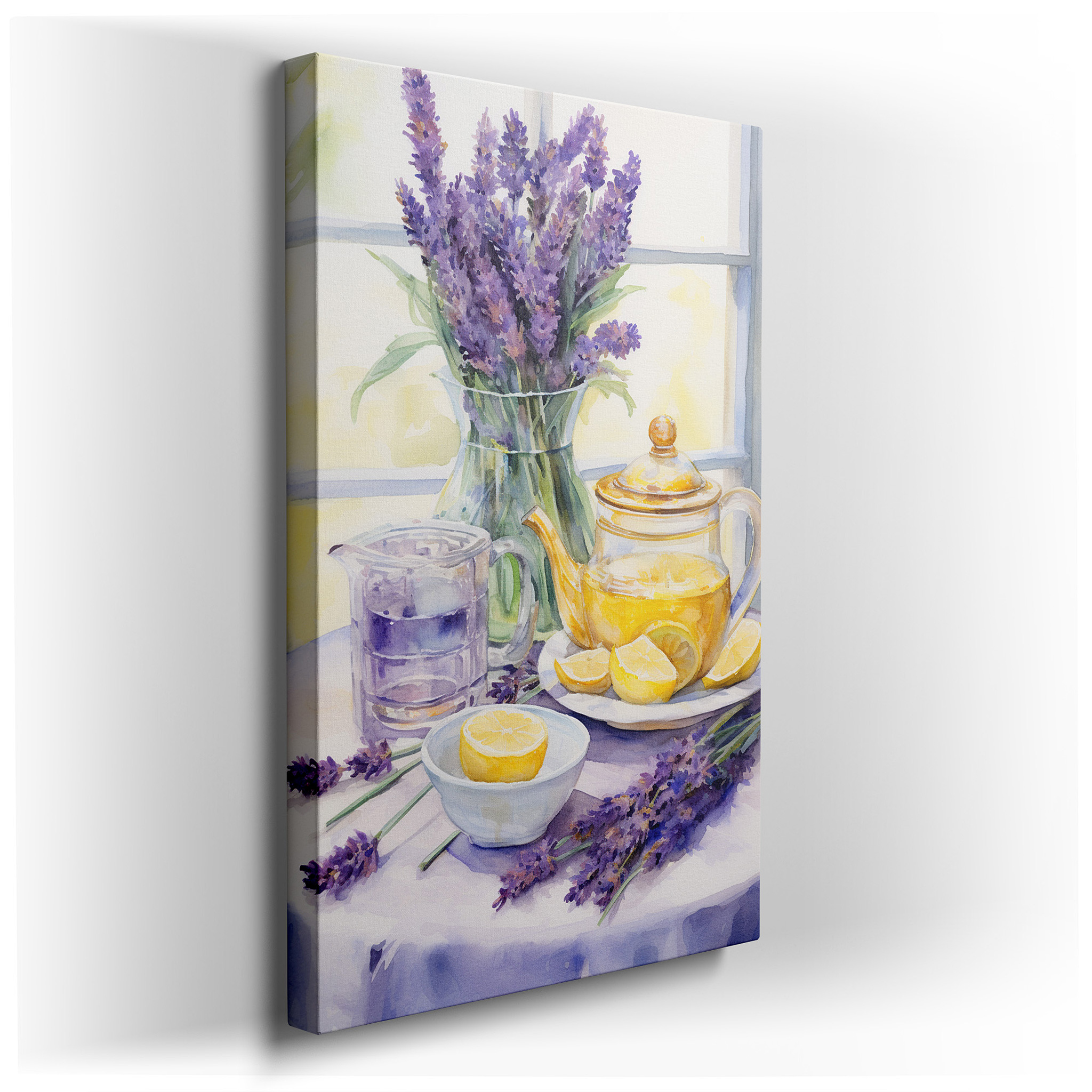 Serene Afternoon Wall Art: Tea, Lemons, and Lavender in Sunlit Elegance - Large Canvas Decor for Office and Bedroom