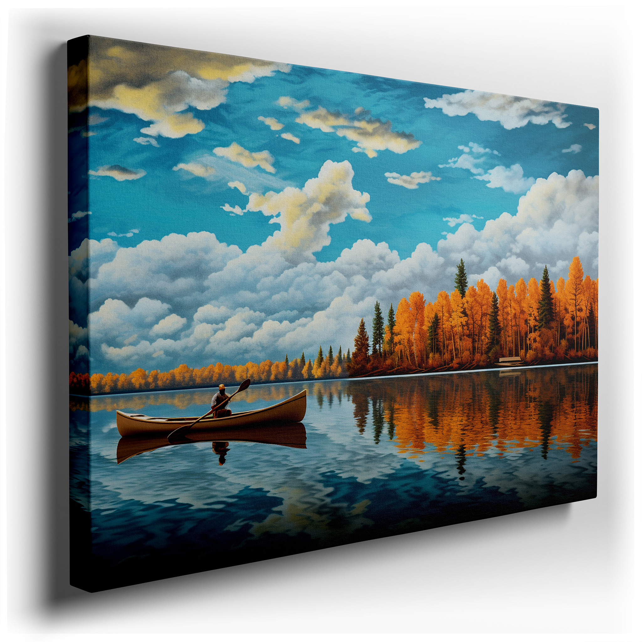 Serene Autumn Day Featuring a Lone Canoeist and Vibrant Fall Foliage - Large Canvas Wall Art for Home and Office Decor