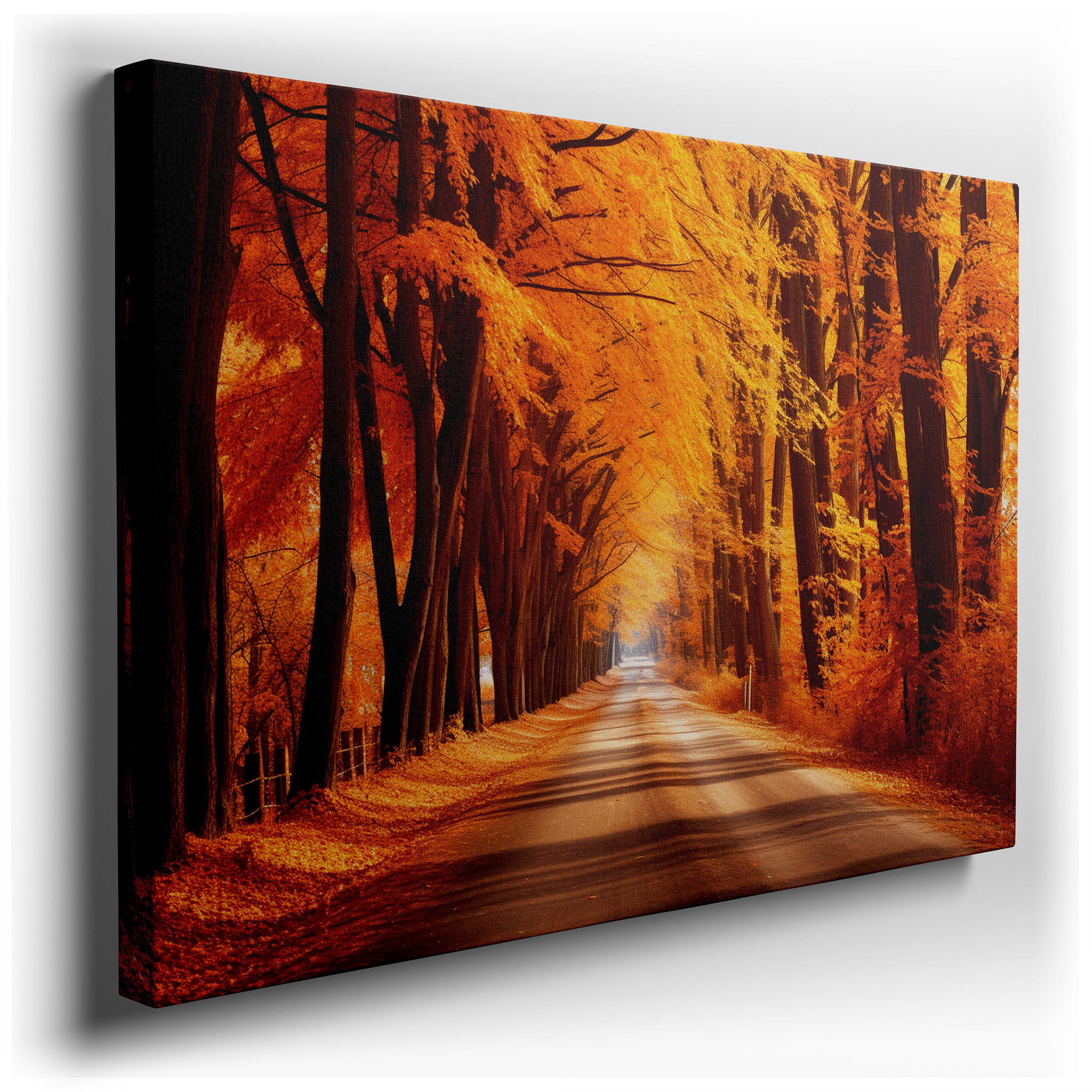 Serene Avenue Beneath a Lively Orange Canopy: A Journey Through Autumn Splendor - Large Canvas Wall Art for Office and