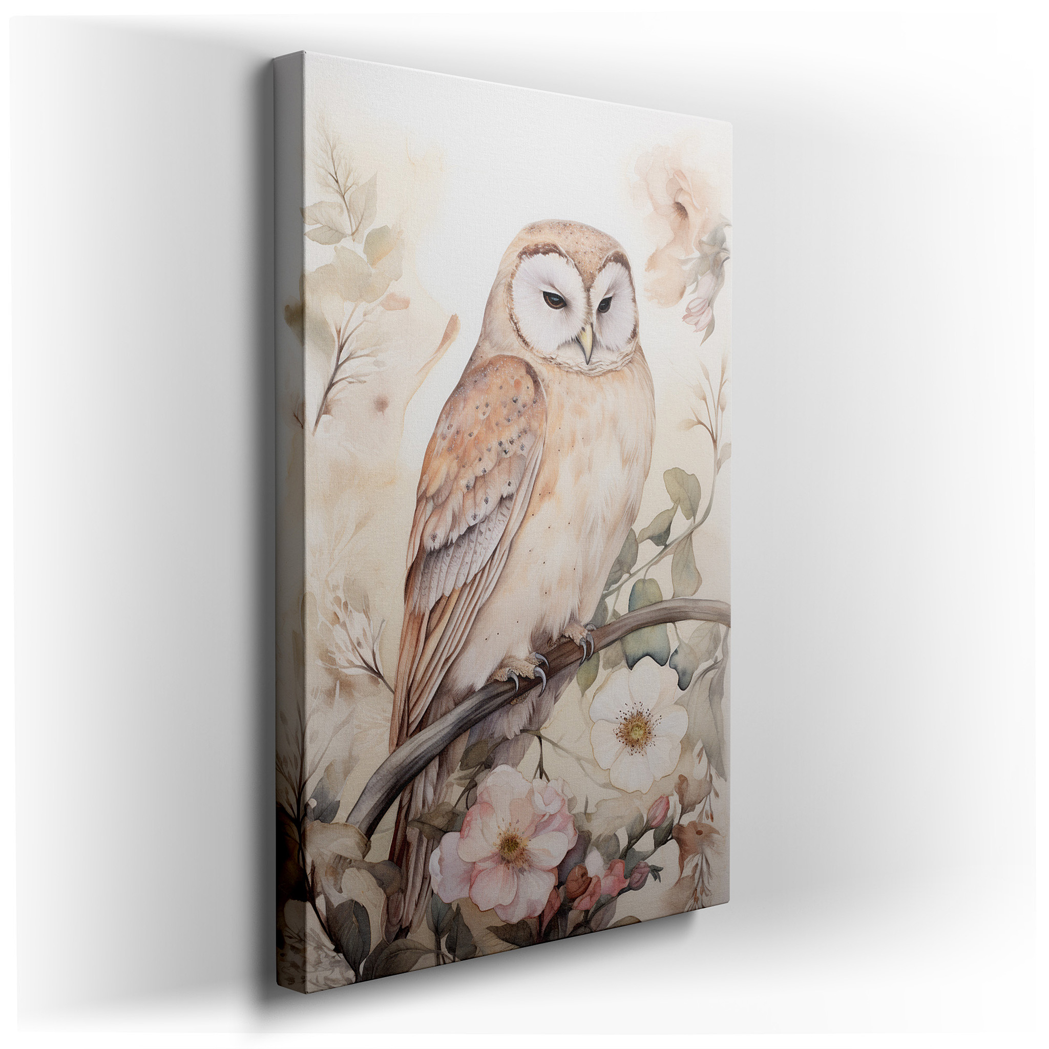 Serene Barn Owl and Lush Florals Wall Art: Tranquil Nature Tapestry, Large Canvas for Home and Office Decor wrapped