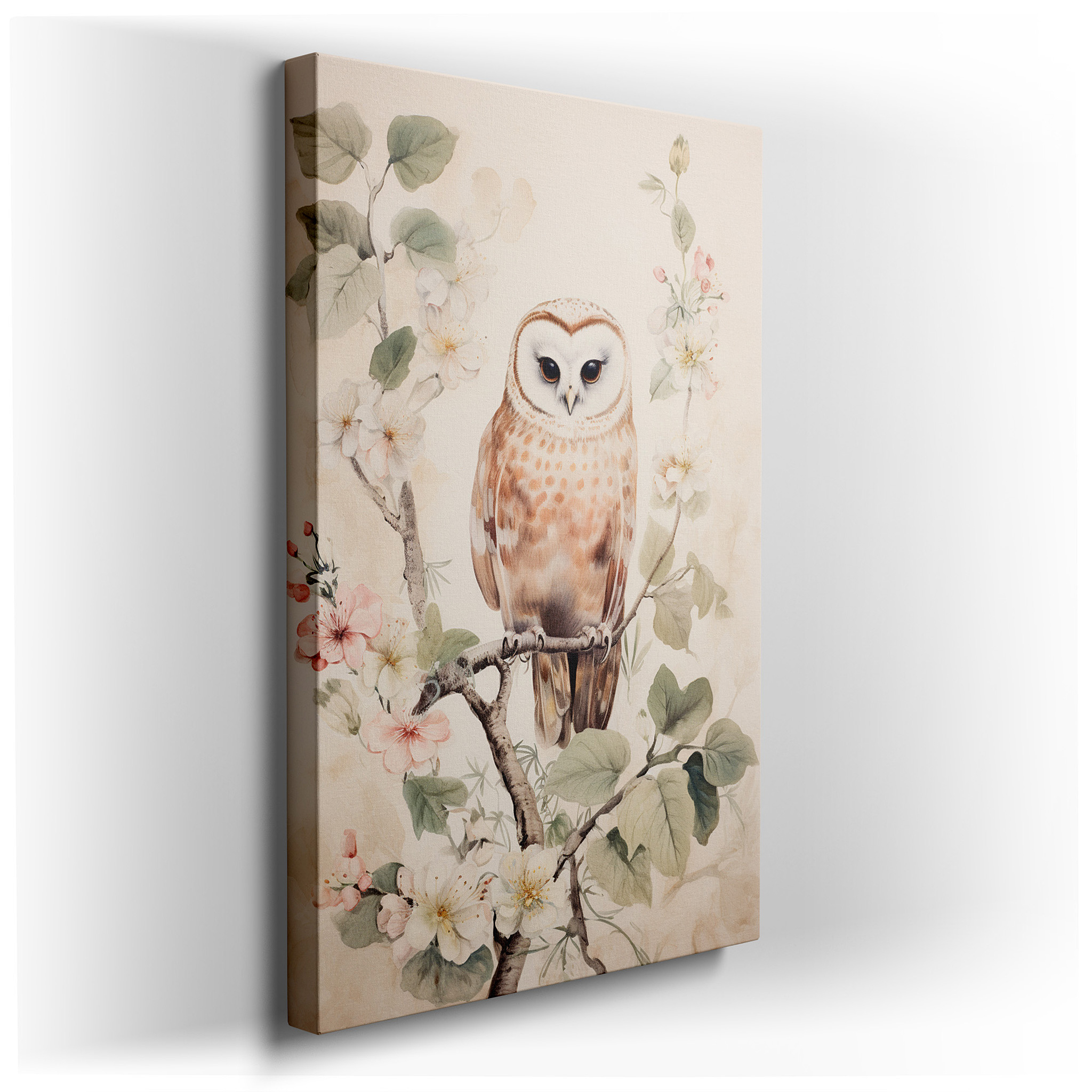 Serene Barn Owl on Blossoming Branch: Experience Nature's Splendor with Large Canvas Wall Art Decor wrapped canvas -