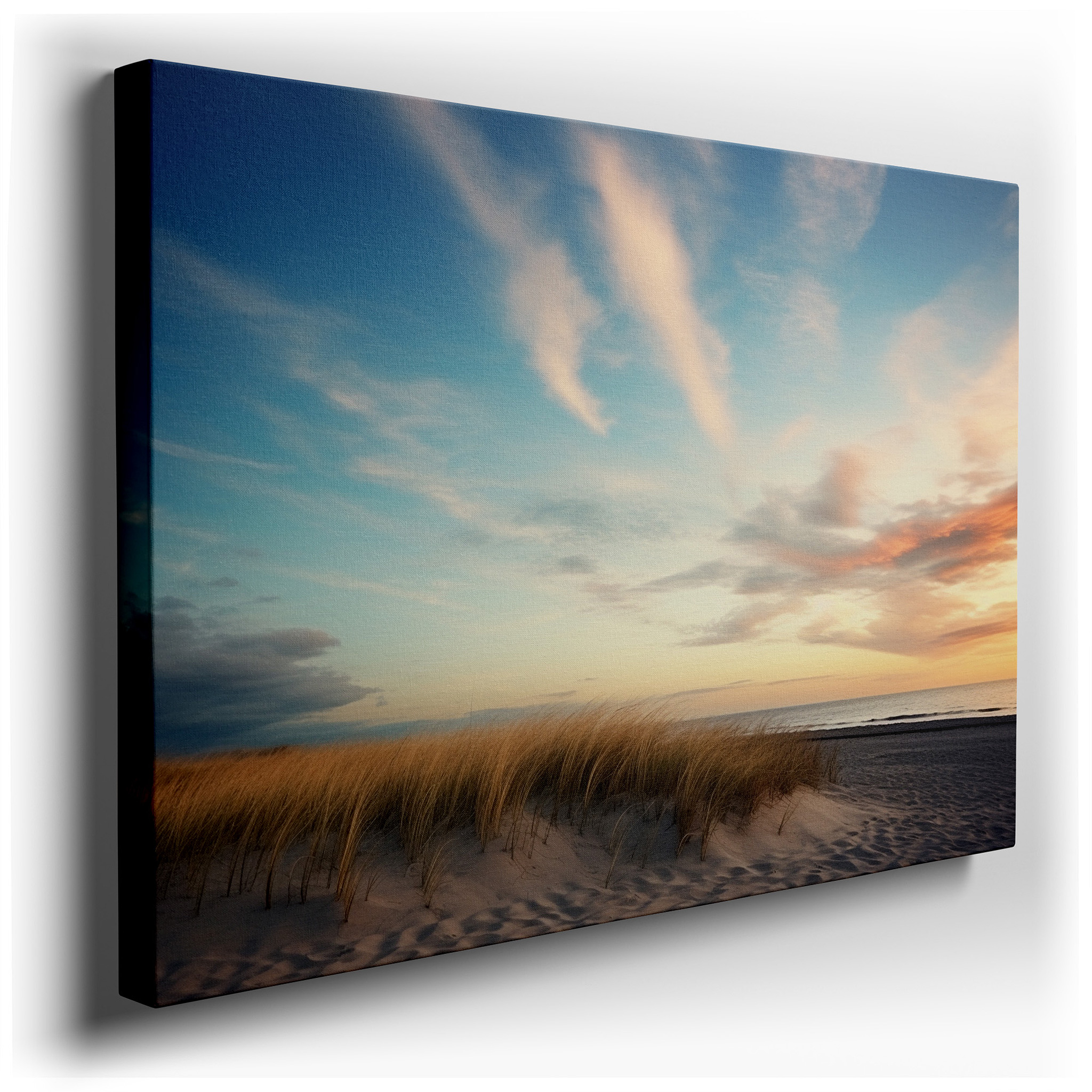 Serene Beach Dawn Scene with Wispy Clouds and Tranquil Sea Reflections - Large Canvas Wall Art for Office and Bedroom