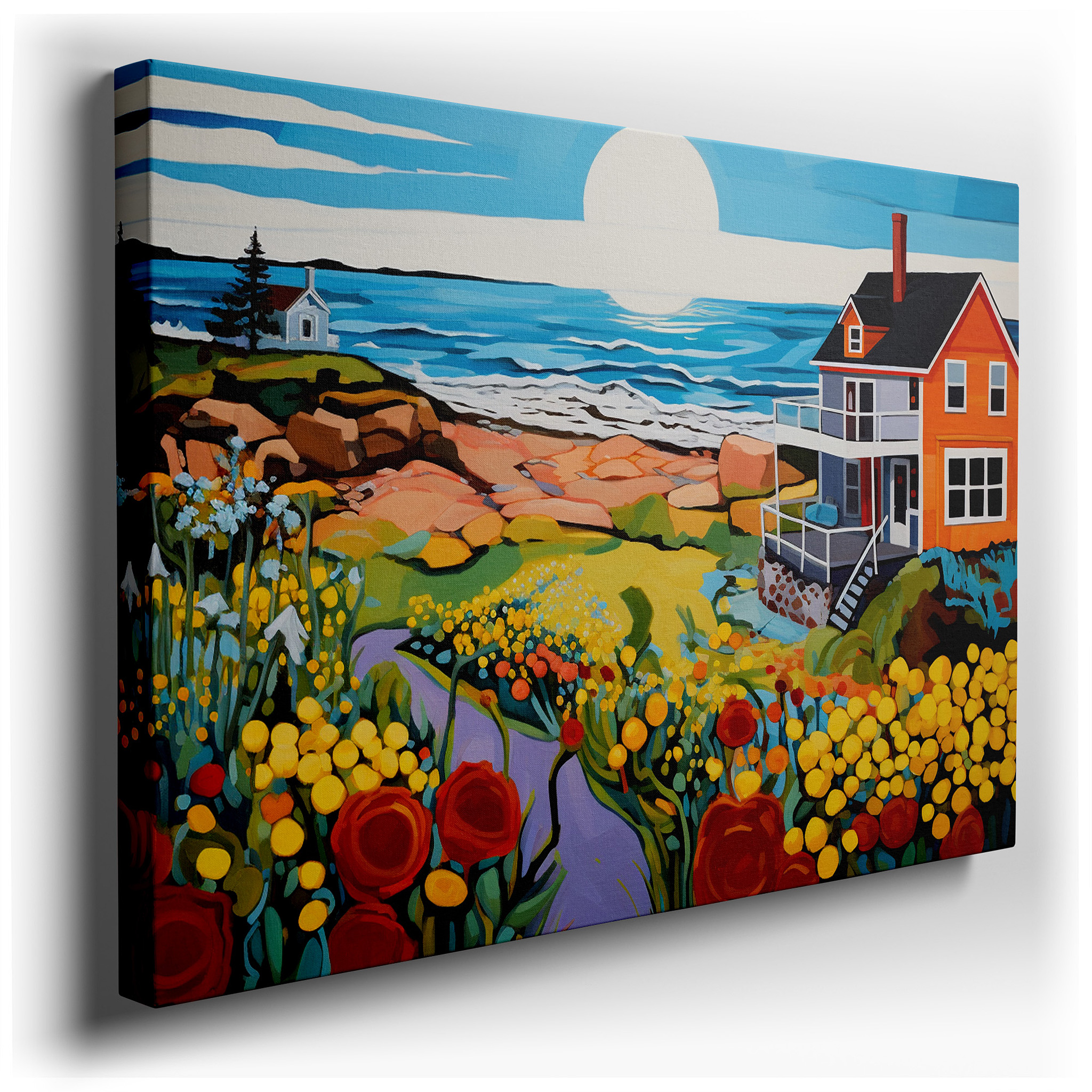 Serene Beach House Scene: Tranquil Coastal Elegance and Nature's Vibrant Beauty in Large Canvas Wall Art for Home and