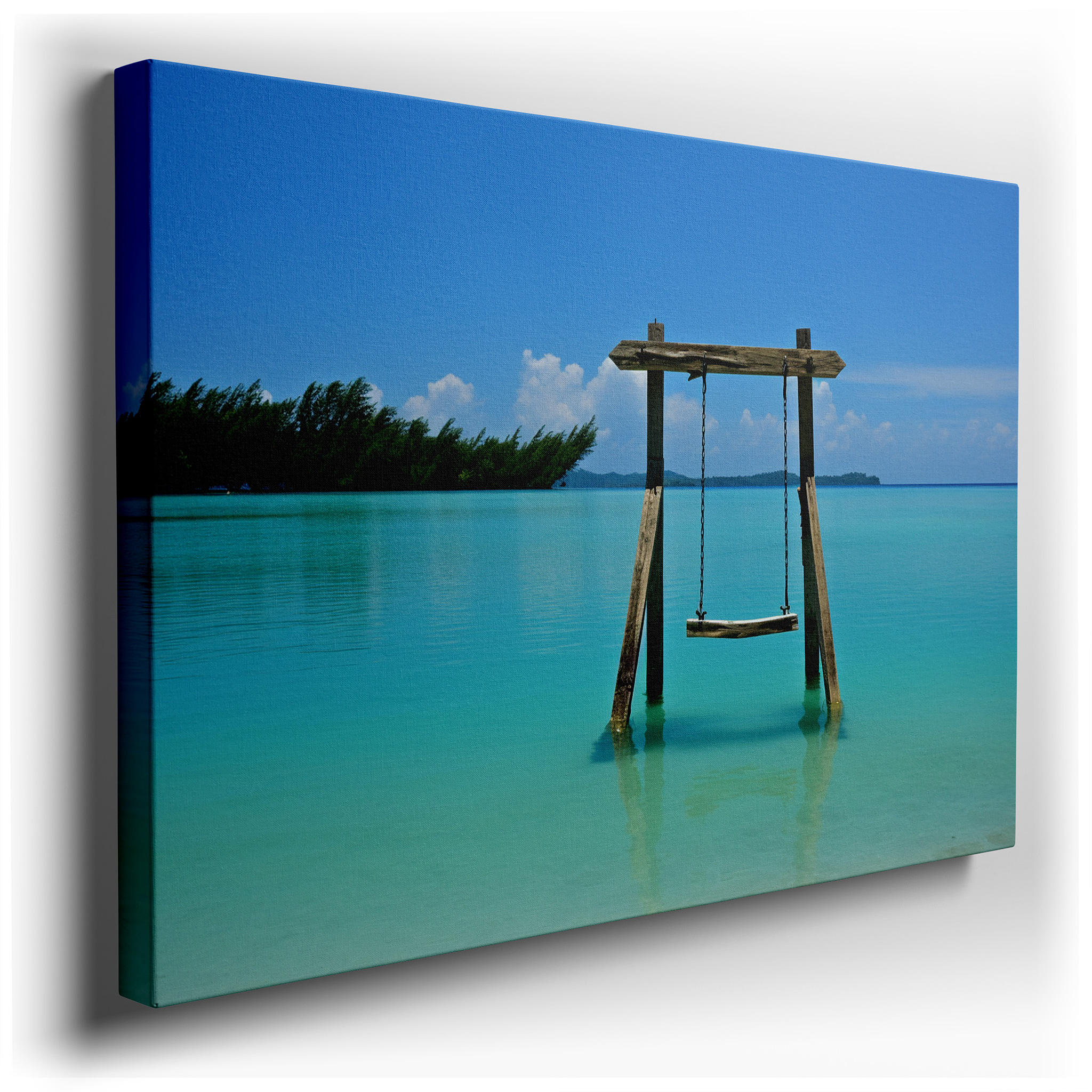 Serene Beach Landscape Featuring a Lone Swing Above Turquoise Waters - Large Canvas Wall Art for Office, Bedroom, and