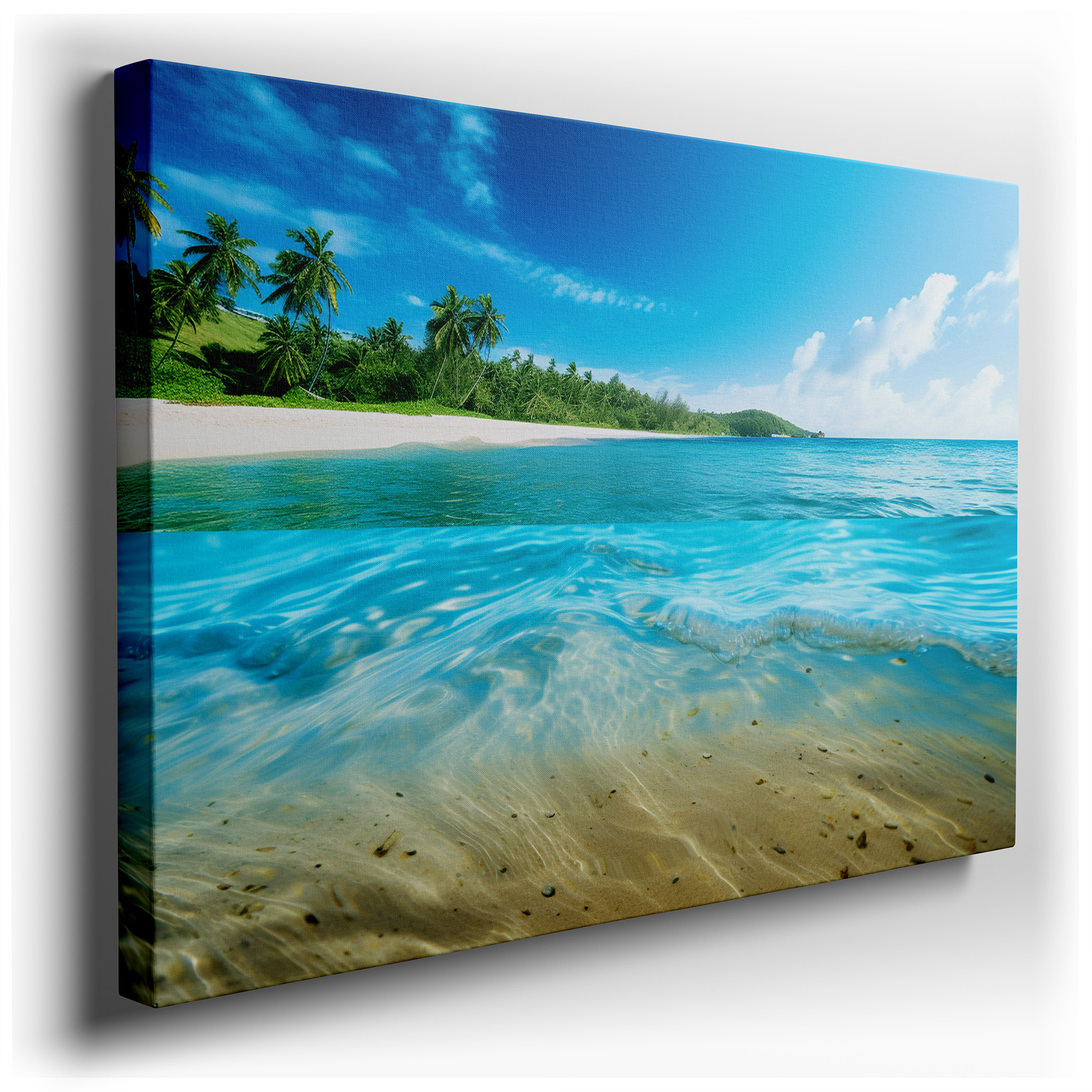 Serene Beach Paradise with Lush Greenery and Calm Blue Waters Large Wall Art, Canvas Wall Art, Wall Decor, Office Wall