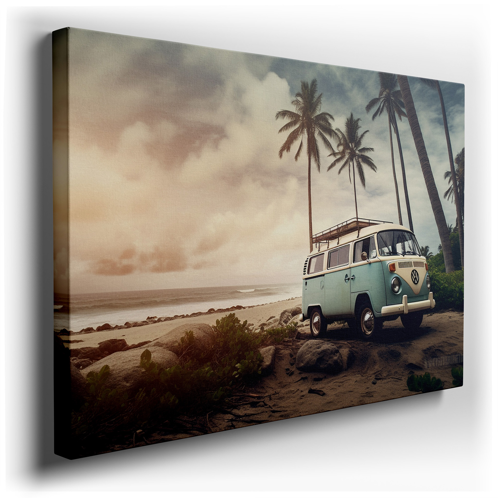 Serene Beach Retreat Featuring Classic VW Van Among Palm Trees and Ocean Waves - Large Wall Art, Canvas Wall Art, Wall