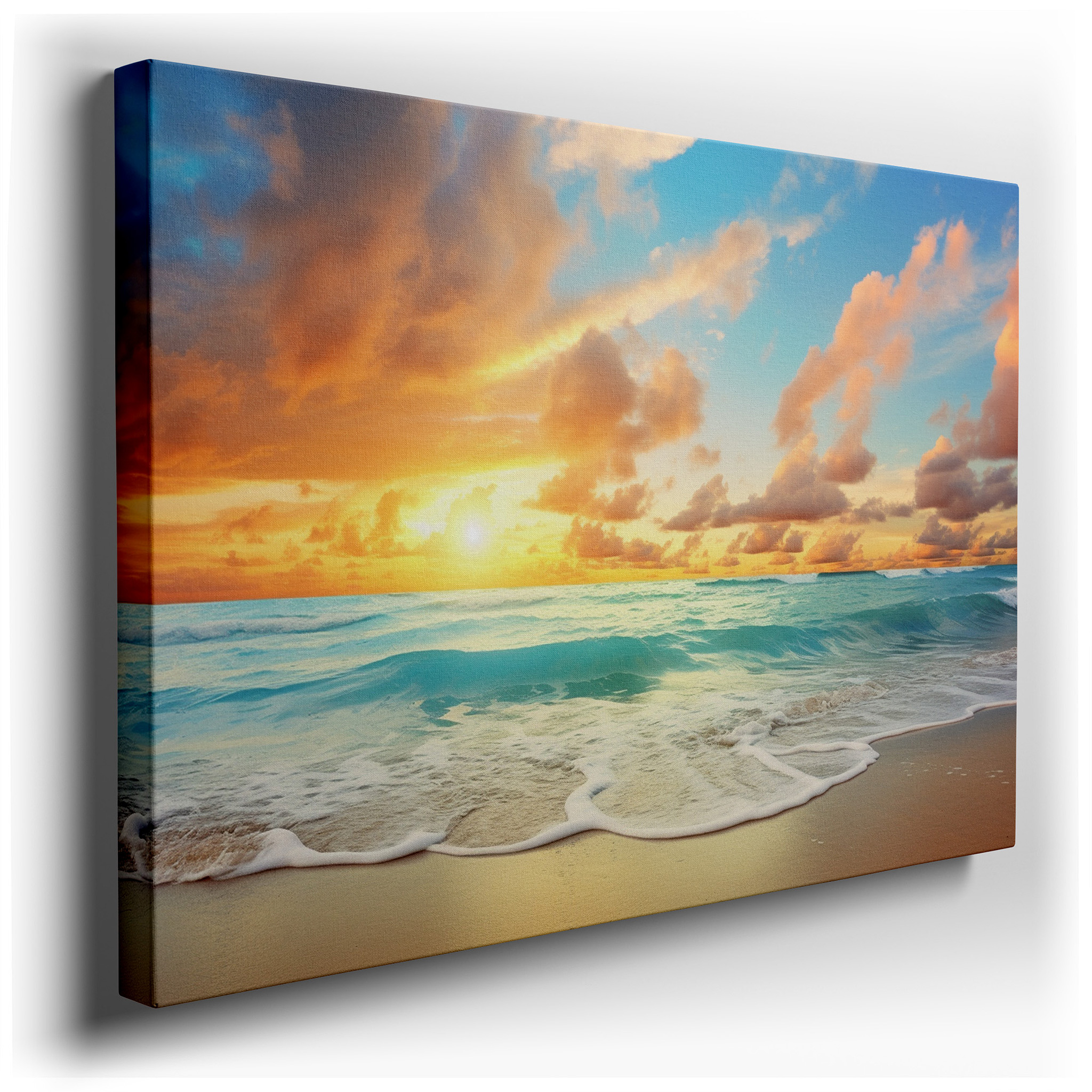 Serene Beach Sunrise: Tranquil Morning Beauty with Golden Light on Ocean Waves - Large Canvas Wall Art for Home and