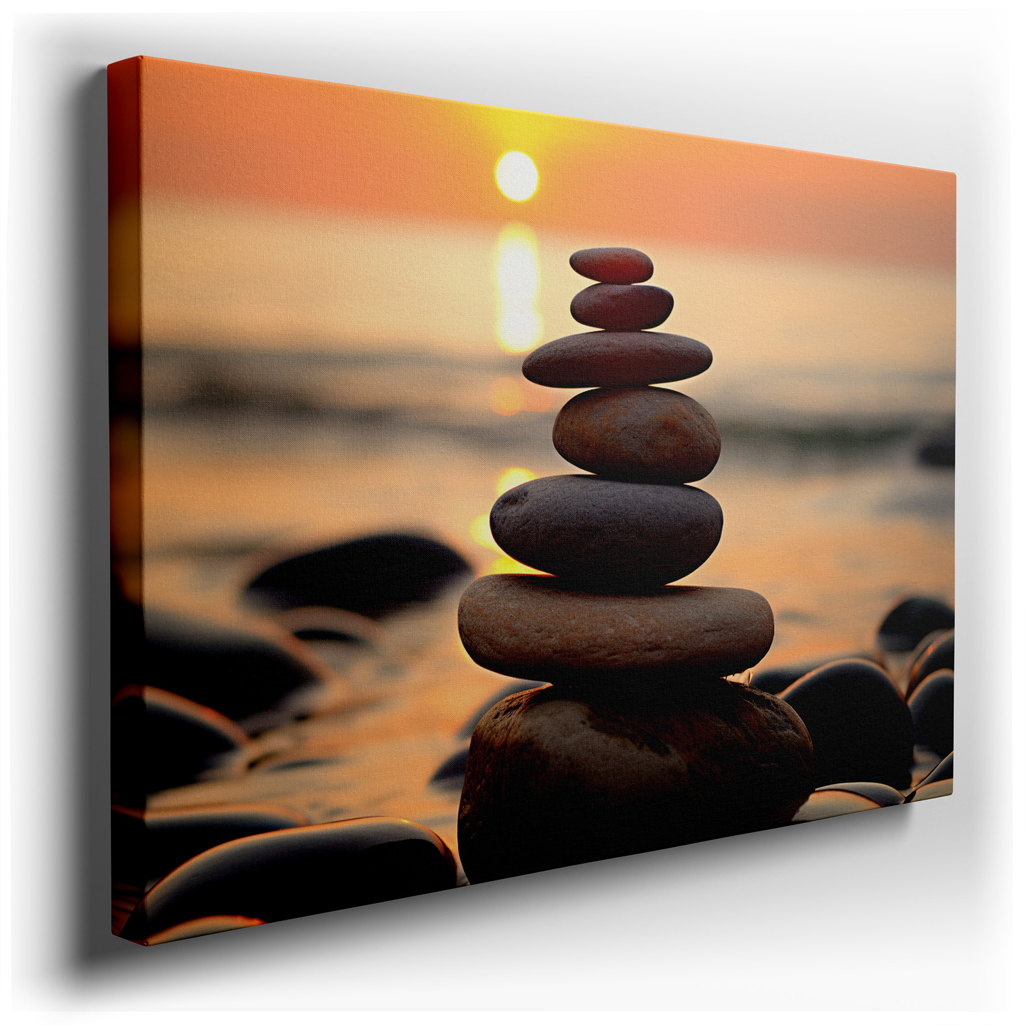 Serene Beach Sunset and Balanced Stone Stack Canvas Wall Art for Office, Bedroom, and Living Room Decor wrapped canvas