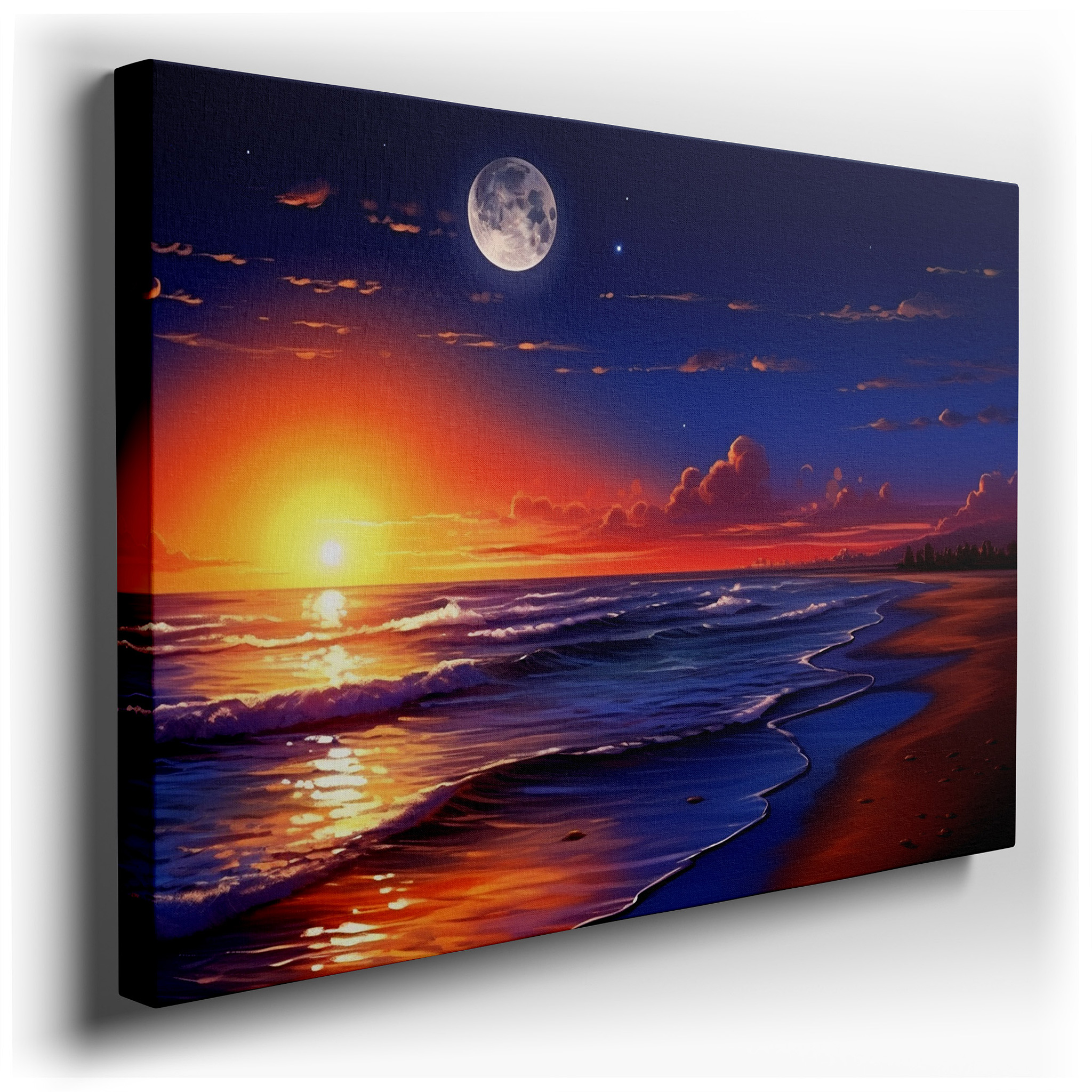 Serene Beach Sunset and Glowing Moon Over Ocean Waves - Large Canvas Wall Art for Office, Bedroom, and Living Room