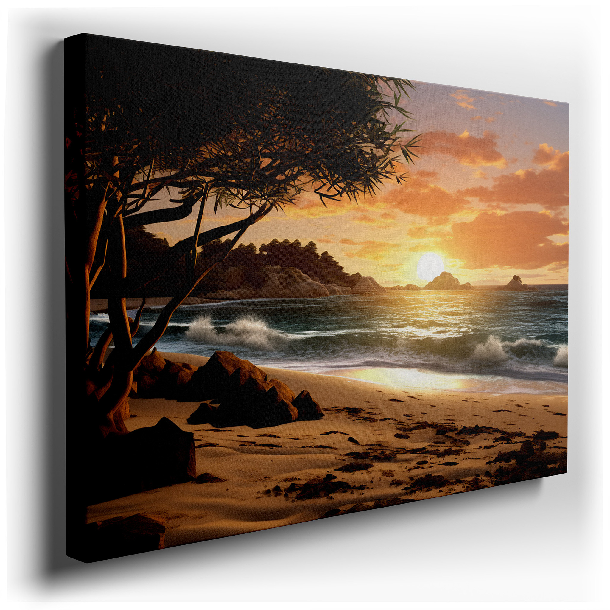 Serene Beach Sunset with Verdant Foliage and Soft Waves - Oversized Wall Art for Office, Bedroom, and Living Room Decor