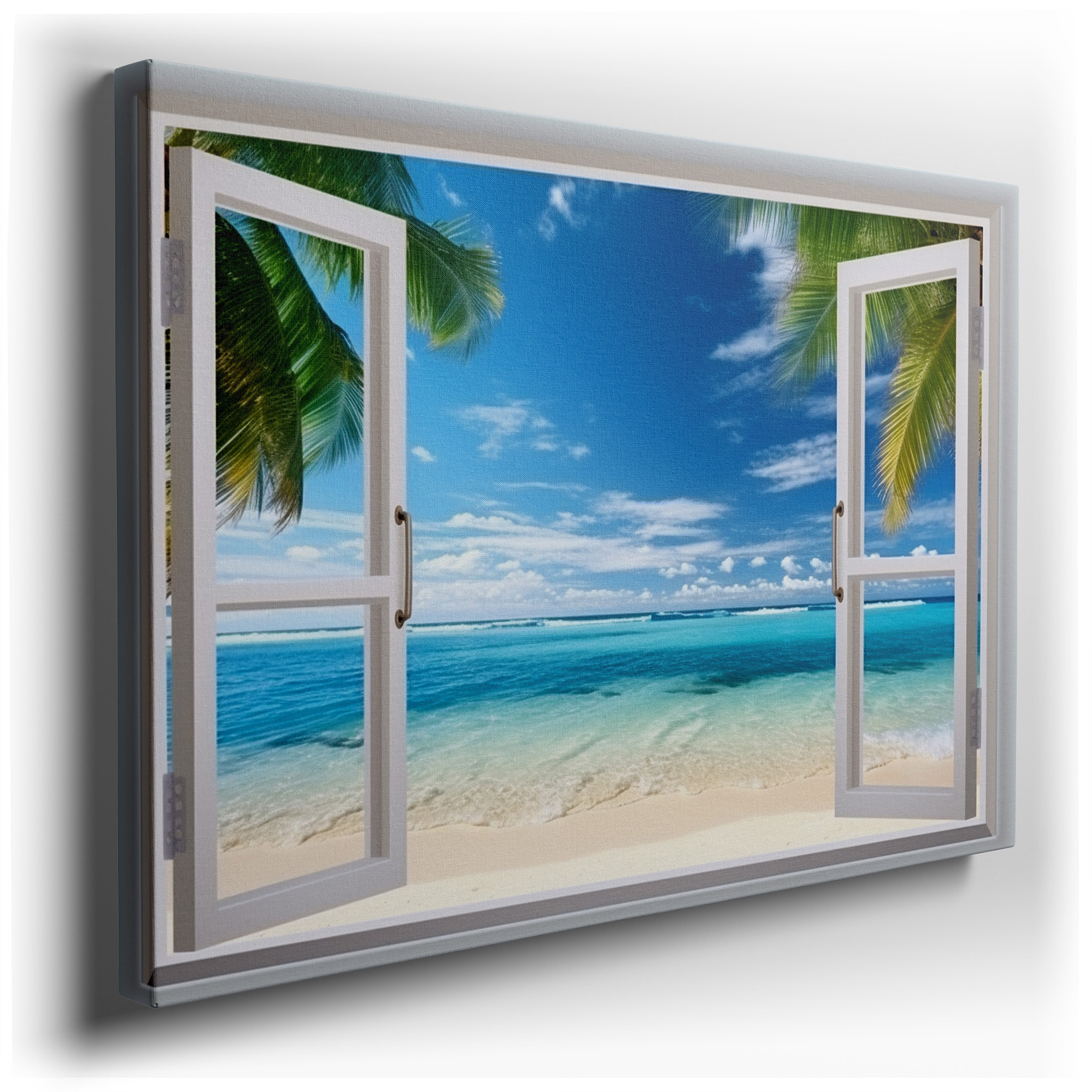 Serene Beachside Escape Viewed Through Open White Windows - Large Canvas Wall Art for Office, Bedroom, and Living Room