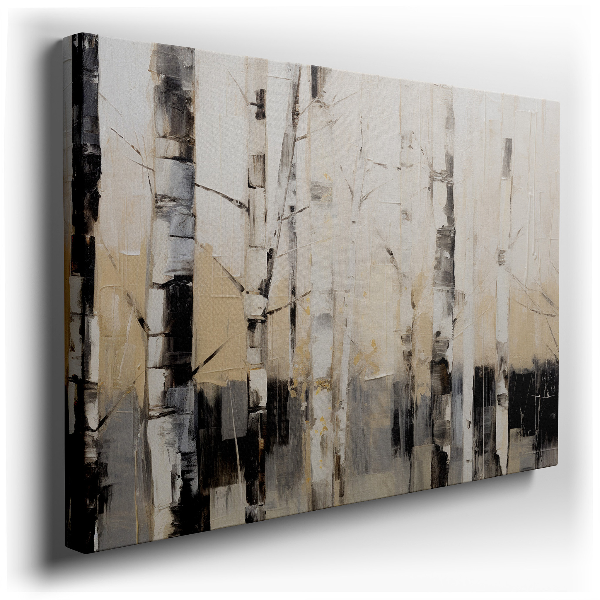 Serene Birch Trees in Muted Beige and Black: A Textured Abstract Nature Piece for Large Wall Art, Canvas Wall Art, Wall