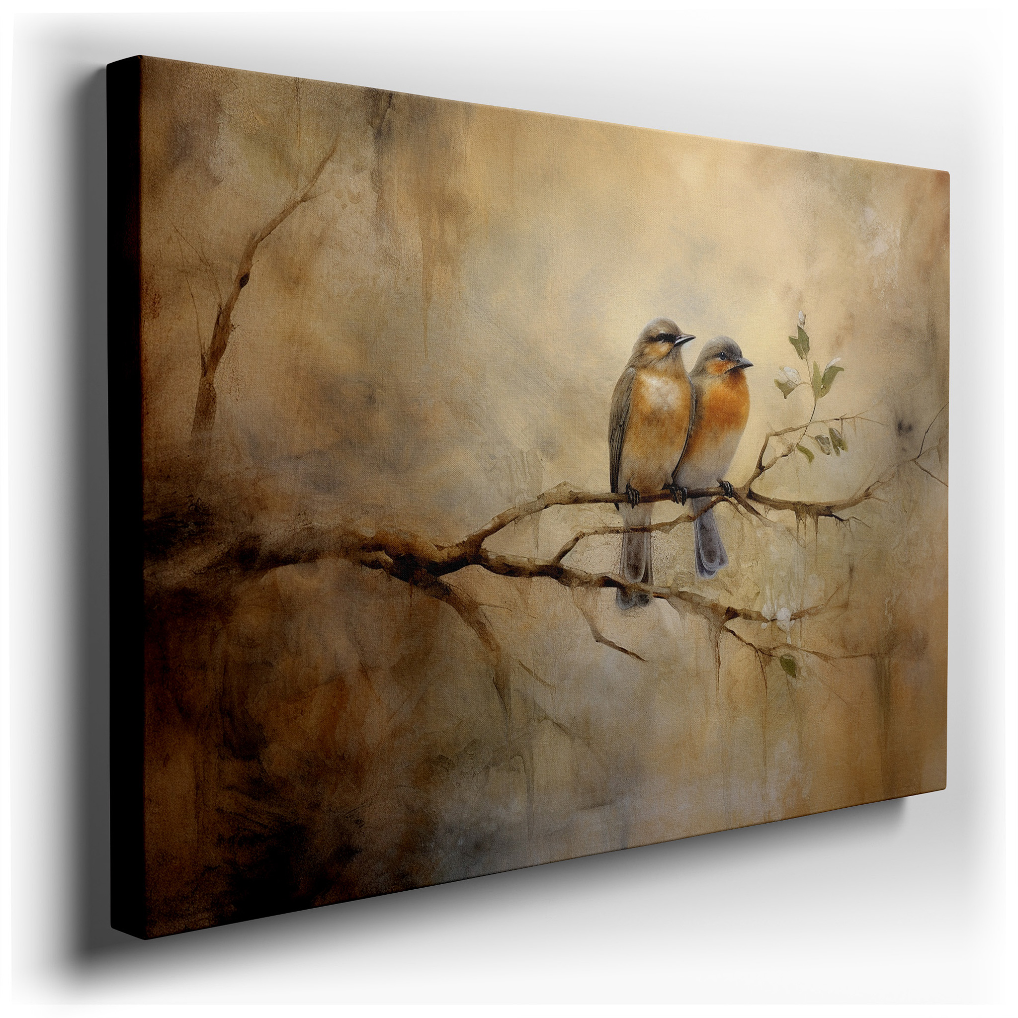 Serene Birds on a Branch: A Tranquil Blend of Nature and Mysticism - Large Canvas Wall Art for Office and Bedroom Decor