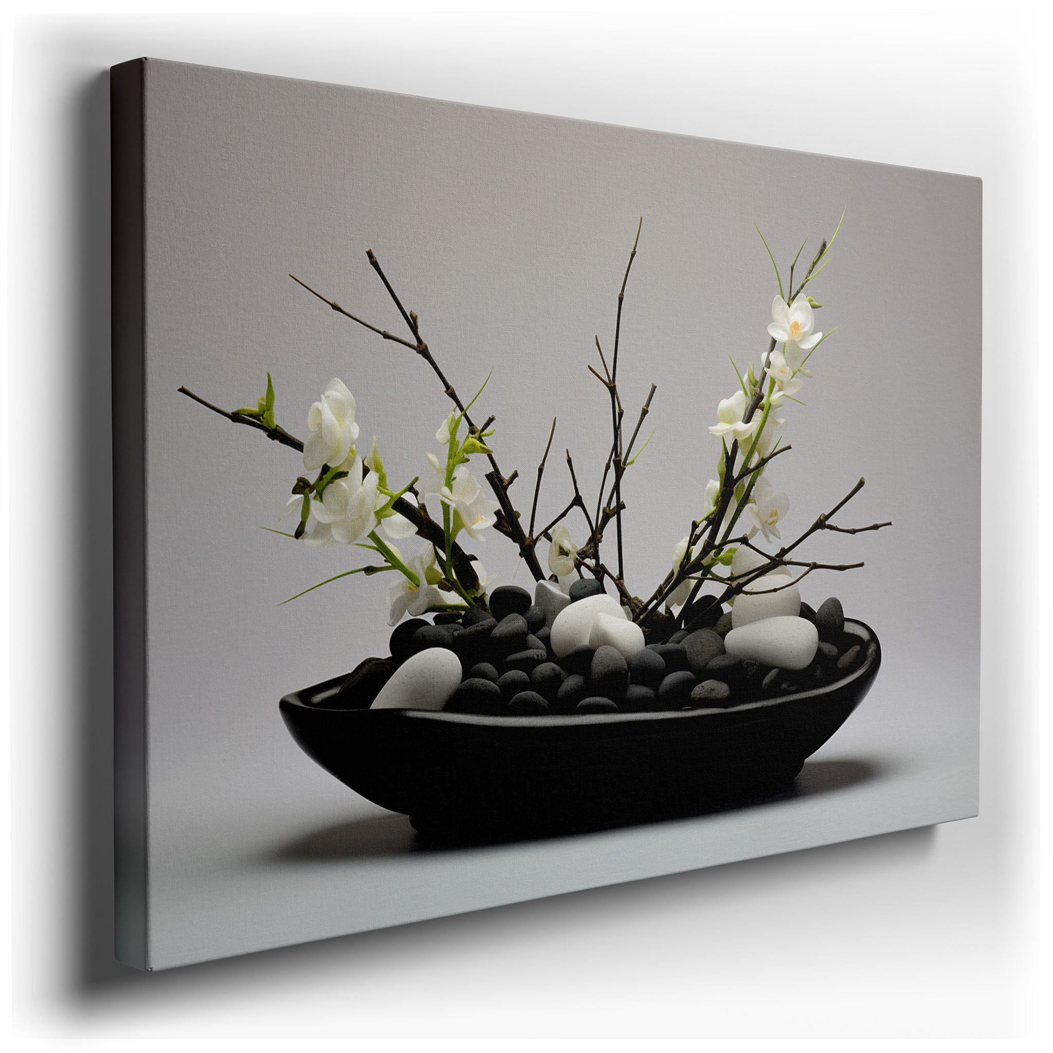 Serene Black Stones and Elegant White Orchids - A Symphony of Natural Beauty and Peace Large Wall Art, Canvas Wall Art,