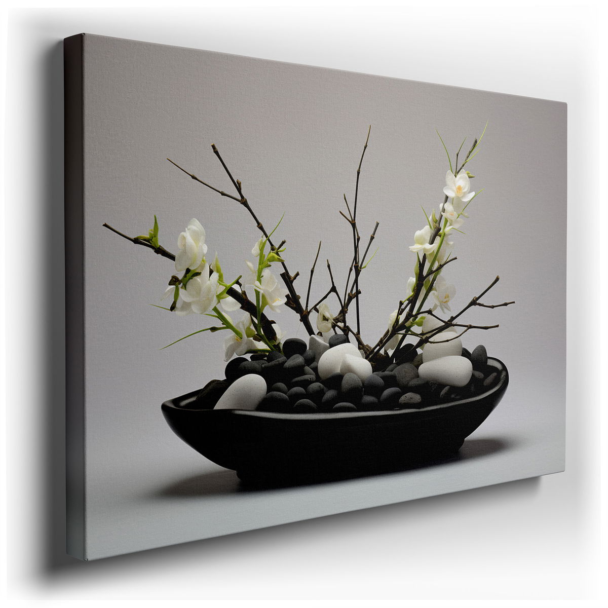 Serene Black Stones and Elegant White Orchids - Minimalist Canvas Wall Art