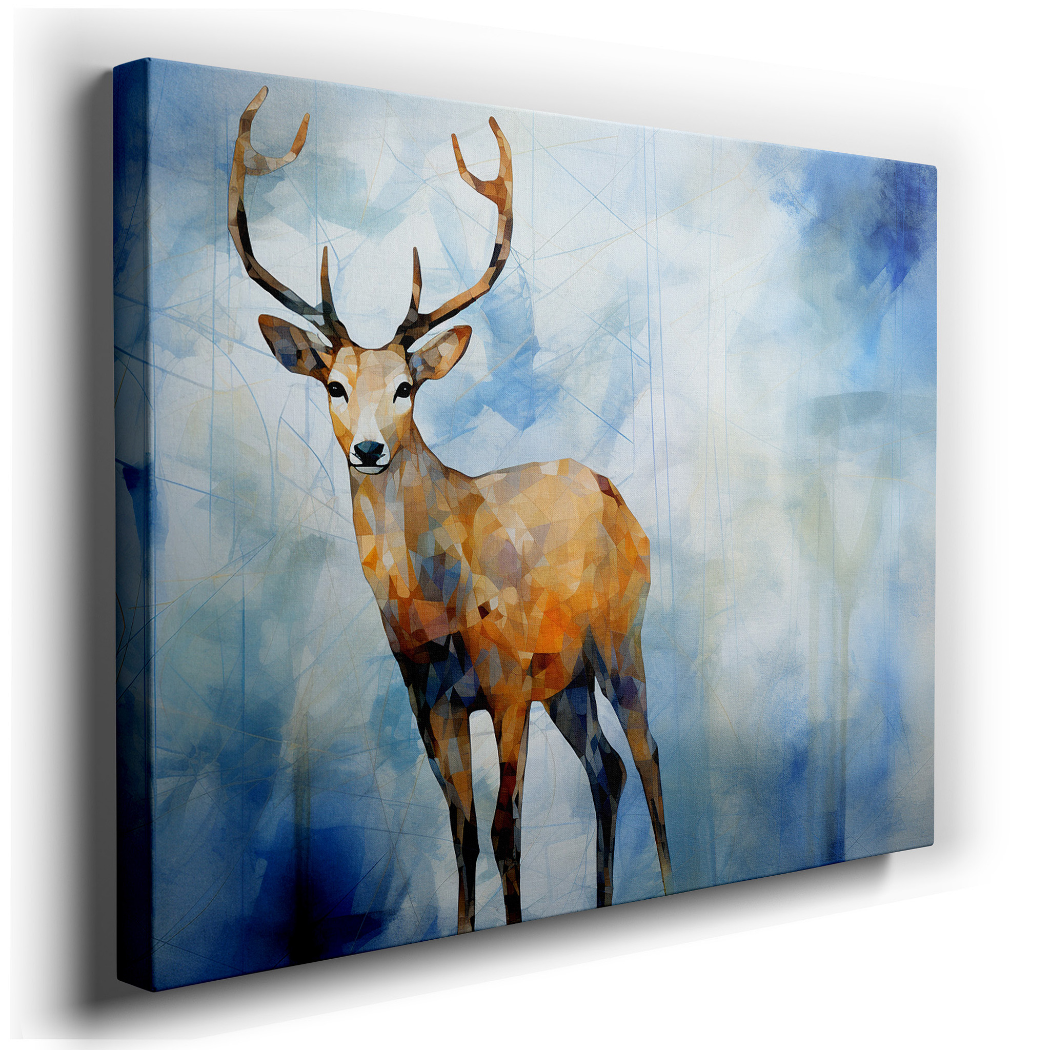Serene Blue Abstract Polygonal Deer Large Canvas Wall Art for Tranquil Spaces, Perfect for Office and Bedroom Decor