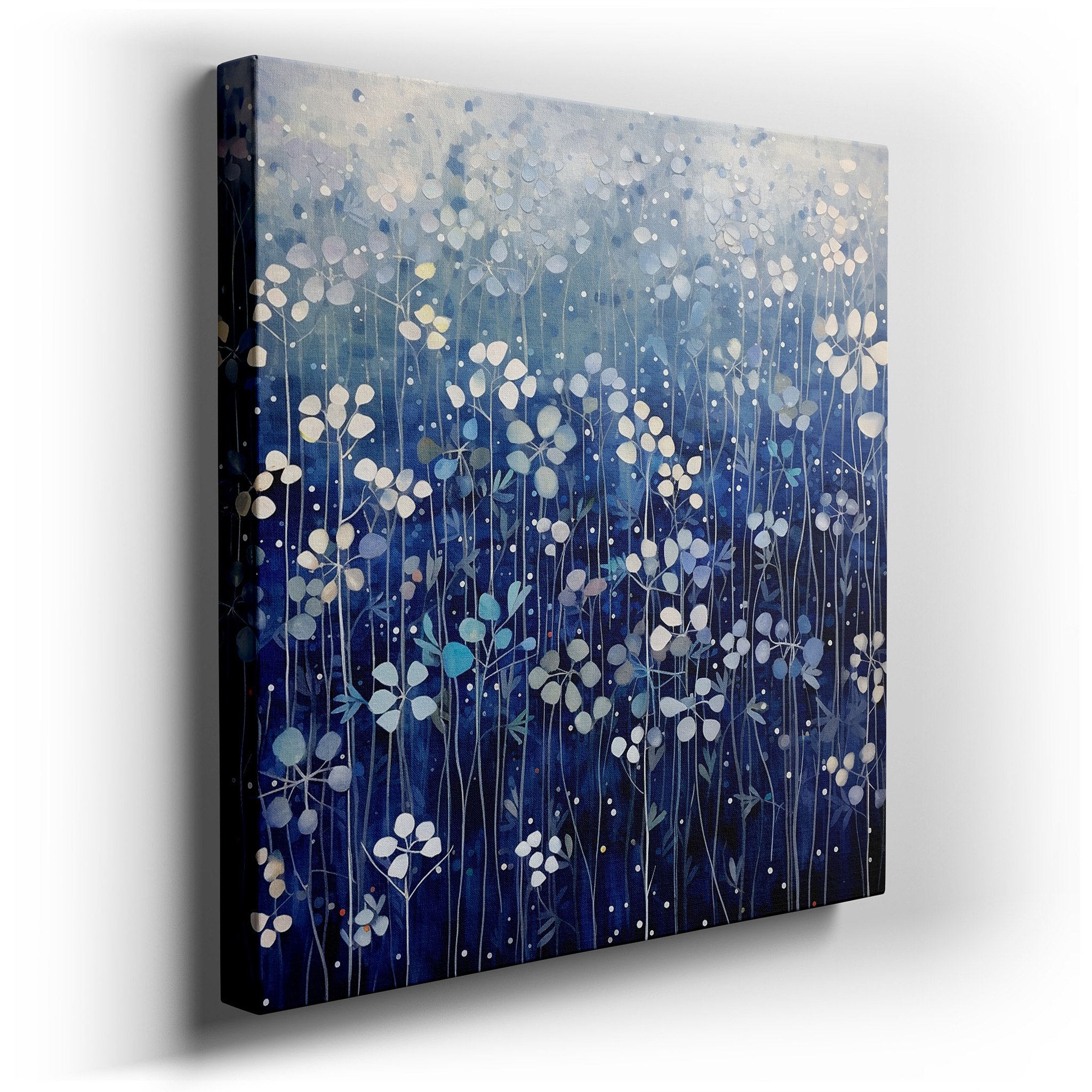 Serene Blue and White Floral Wall Art for Tranquil Spaces - Large Canvas Decor for Office, Bedroom, and Living Room