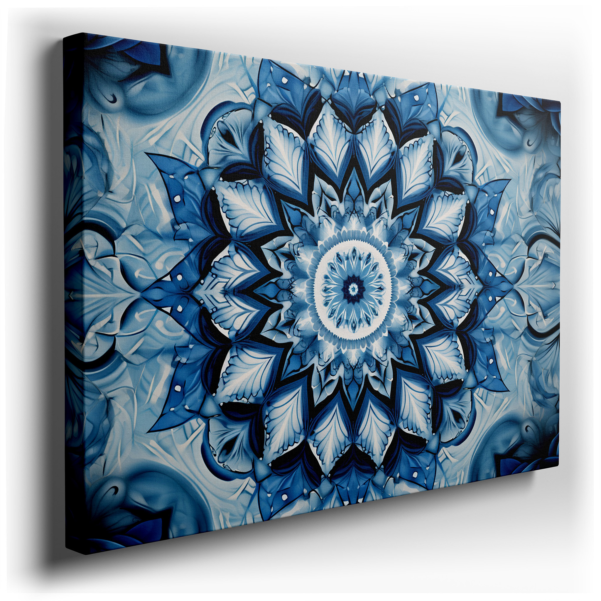 Serene Blue and White Mandala Wall Art for Meditation and Reflection - Large Canvas Decor for Office, Bedroom, and