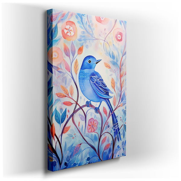 Serene Blue Bird and Softly Colored Flowers Canvas Wall Art