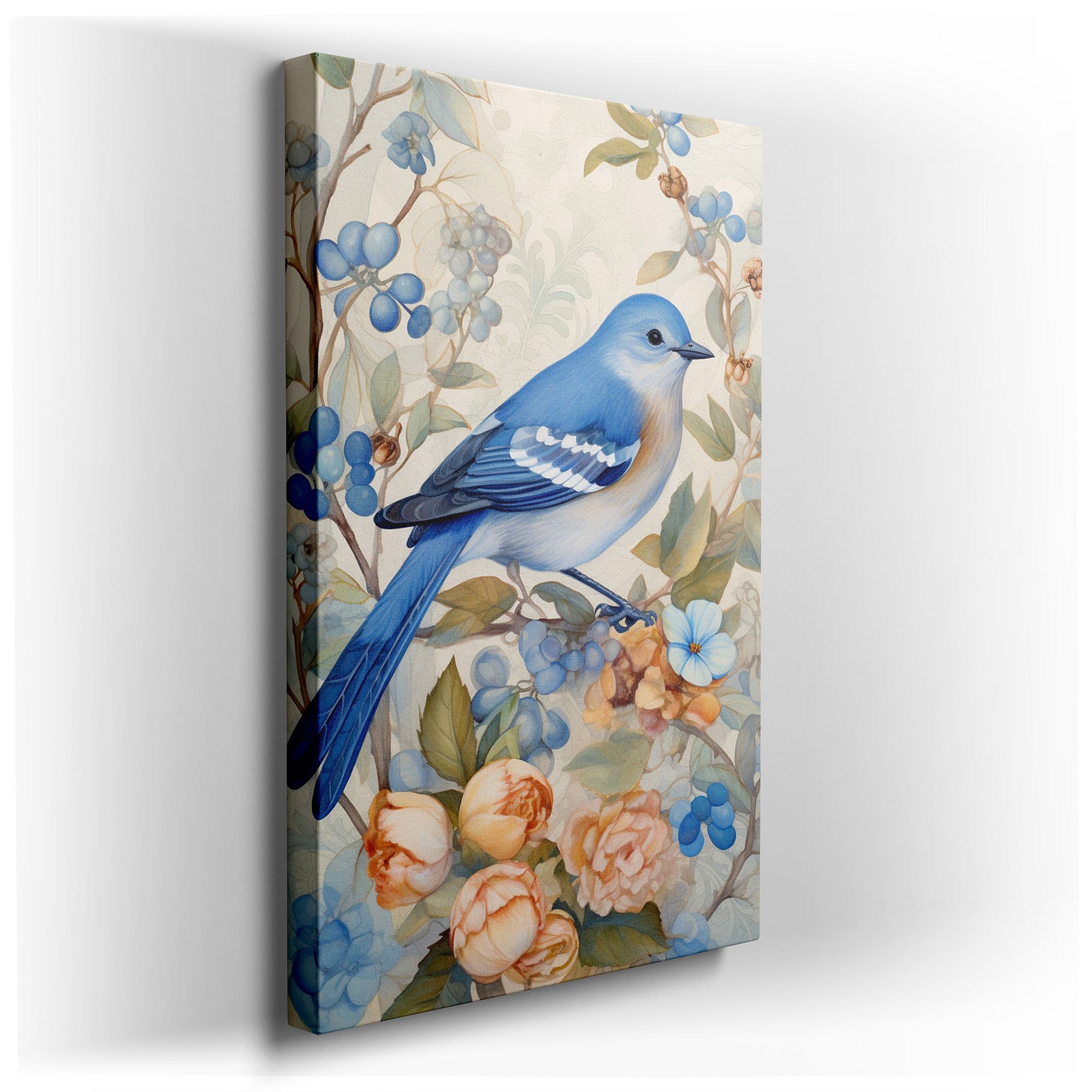Serene Blue Bird with Soft Florals and Berries: Tranquil Nature Scene Large Canvas Wall Art for Office Decor wrapped