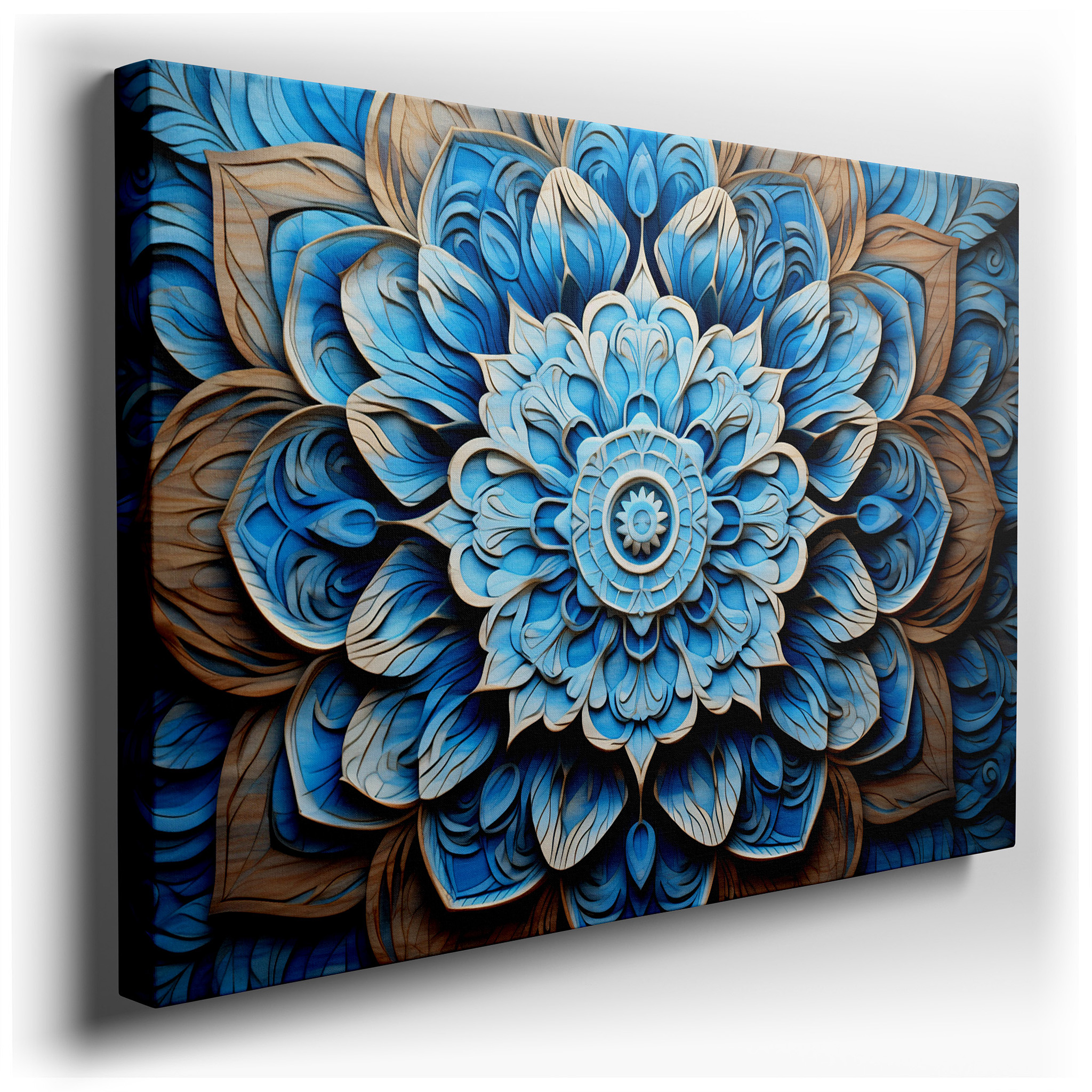 Serene Blue Floral Wood Carving Wall Art: A Tranquil Harmony in Artistic Craftsmanship - Large Canvas Wall Decor for