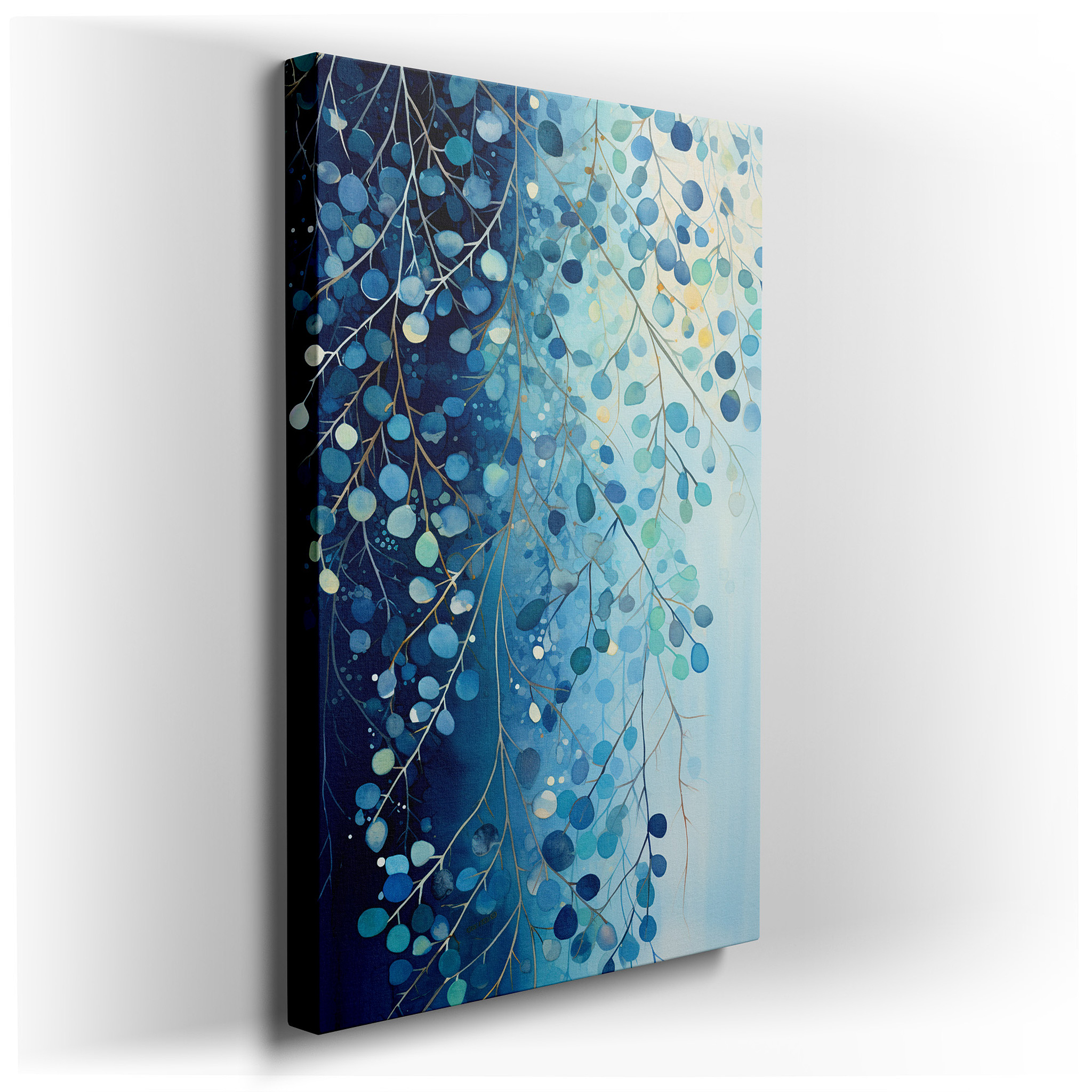 Serene Blue Leaves: Large Canvas Wall Art Evoking Tranquility and Nature's Peace for Office and Bedroom Decor wrapped